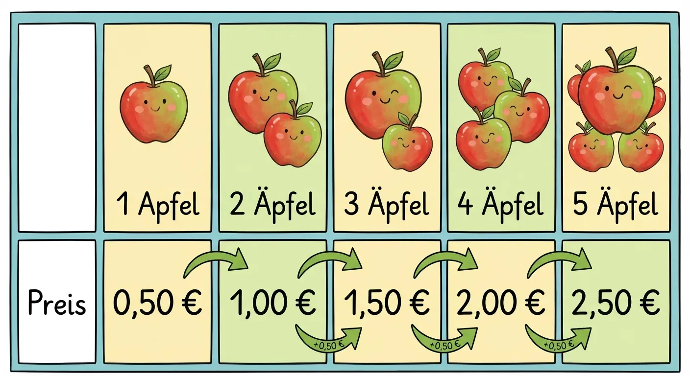 Erstelle eine übersichtliche Wertetabelle für Äpfel und Preise.

**Aufbau:**
- Eine Tabelle mit 2 Zeilen und 6 Spalten
- Kopfzeile links: Leere Zelle, dann 5 Spalten mit je einem bunten Apfel-Symbol und der Zahl darunter (1, 2, 3, 4, 5 Äpfel)
- Zweite Zeile: 