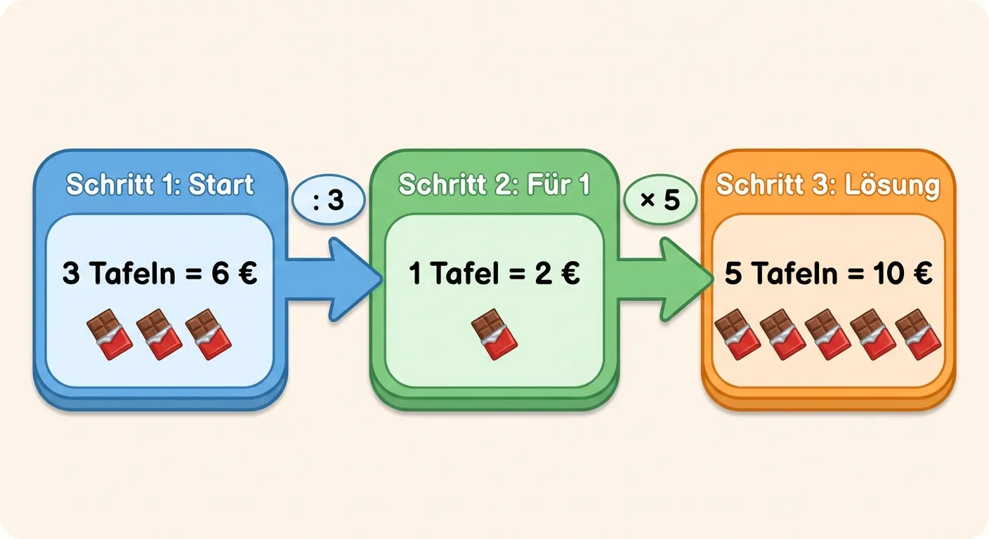 Erstelle ein Diagramm mit drei verbundenen Schritten.

**Aufbau:**
- Drei große Kästen nebeneinander mit Pfeilen dazwischen
- Kasten 1 (links, blau): Oben 