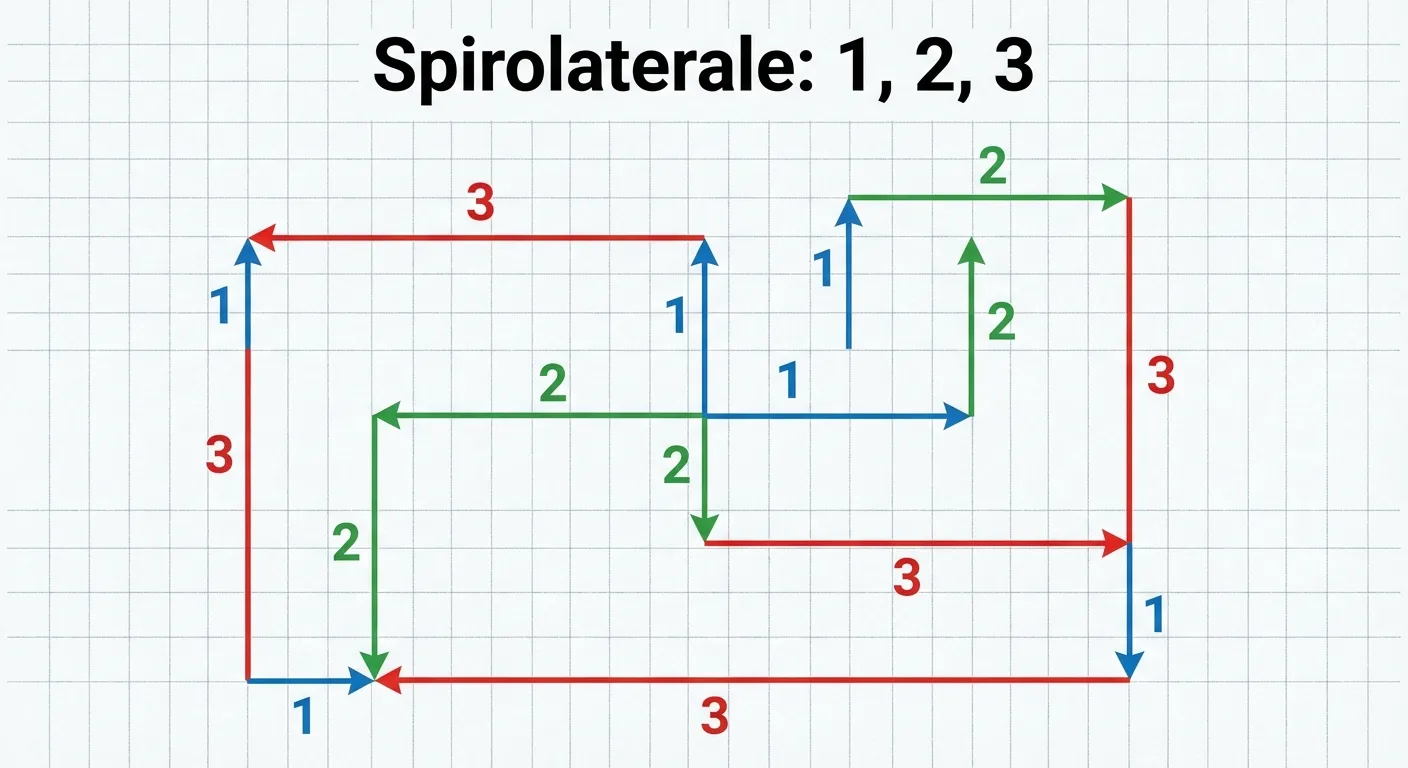 Erstelle eine klare Illustration eines Spirolaterals auf kariertem Papier.

**Aufbau:**
- Ein kariertes Papier als Hintergrund
- Start in der Mitte des Blattes
- Linie 1: 1 Kästchen nach rechts (mit kleiner Beschriftung 