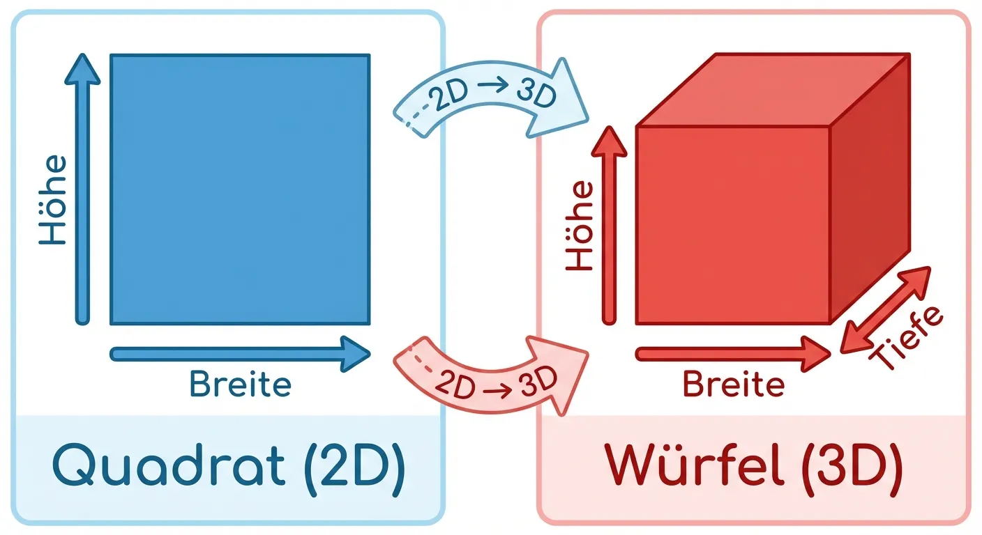 Erstelle ein übersichtliches Lerndiagramm, das den Unterschied zwischen 2D und 3D zeigt.

**Linke Seite (2D):**
- Ein flaches blaues Quadrat
- Darunter steht: „Quadrat (2D)“
- Zwei Pfeile zeigen Breite (horizontal) und Höhe (vertikal) mit Beschriftung

**Rechte Seite (3D):**
- Ein roter Würfel in Schrägansicht (isometrische Darstellung), sodass man drei Seiten sieht
- Darunter steht: „Würfel (3D)“
- Drei Pfeile zeigen Breite, Höhe und Tiefe mit Beschriftung

**Gestaltung:**
- Weißer oder heller Hintergrund
- Klare, große Beschriftungen
- Ein Pfeil oder Zeichen in der Mitte, das den Übergang von 2D zu 3D andeutet
- Kinderfreundlicher, übersichtlicher Diagrammstil für 4. Klasse