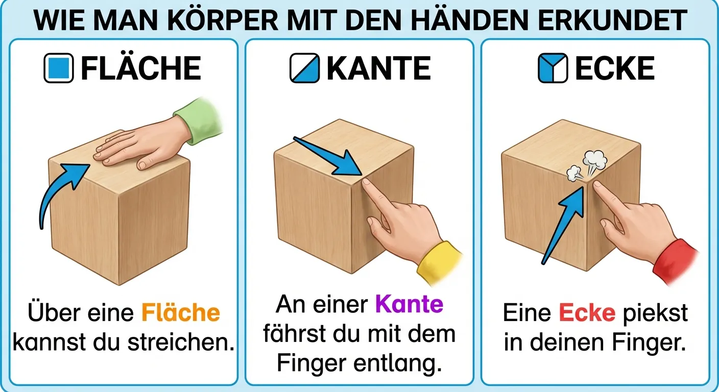 Erstelle ein Lernbild, das zeigt, wie man Körper mit den Händen erkundet.

**Drei Abschnitte nebeneinander:**

**Abschnitt 1 - Fläche:**
- Eine Hand streicht über die flache Seite eines Würfels
- Text darunter: „Über eine Fläche kannst du streichen.“
- Das Wort „Fläche“ ist hervorgehoben

**Abschnitt 2 - Kante:**
- Ein Finger fährt entlang einer Kante eines Würfels
- Text darunter: „An einer Kante fährst du mit dem Finger entlang.“
- Das Wort „Kante“ ist hervorgehoben

**Abschnitt 3 - Ecke:**
- Ein Finger tippt auf eine Ecke eines Würfels
- Text darunter: „Eine Ecke piekst in deinen Finger.“
- Das Wort „Ecke“ ist hervorgehoben

**Gestaltung:**
- Realistische Darstellung von Händen und Würfel
- Klare, große Beschriftungen
- Pfeile, die auf die jeweilige Stelle zeigen
- Weißer Hintergrund
- Kinderfreundlicher, klarer Stil für 4. Klasse