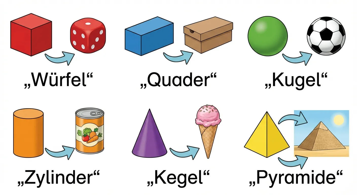 Erstelle ein Lernbild, das geometrische Körper mit Alltagsgegenständen verbindet.

**Aufbau:** 6 Paare nebeneinander oder in 2 Reihen

**Paar 1 - Würfel:**
- Links: geometrischer roter Würfel
- Rechts: fotorealistischer Spielwürfel mit Punkten
- Verbindungspfeil dazwischen
- Beschriftung: „Würfel“

**Paar 2 - Quader:**
- Links: geometrischer blauer Quader
- Rechts: fotorealistischer Ziegelstein oder Schuhkarton
- Verbindungspfeil dazwischen
- Beschriftung: „Quader“

**Paar 3 - Kugel:**
- Links: geometrische grüne Kugel
- Rechts: fotorealistischer Fußball oder Tennisball
- Verbindungspfeil dazwischen
- Beschriftung: „Kugel“

**Paar 4 - Zylinder:**
- Links: geometrischer oranger Zylinder
- Rechts: fotorealistische Konservendose
- Verbindungspfeil dazwischen
- Beschriftung: „Zylinder“

**Paar 5 - Kegel:**
- Links: geometrischer lila Kegel
- Rechts: fotorealistische Eistüte
- Verbindungspfeil dazwischen
- Beschriftung: „Kegel“

**Paar 6 - Pyramide:**
- Links: geometrische gelbe Pyramide
- Rechts: fotorealistische Pyramide von Gizeh (vereinfacht)
- Verbindungspfeil dazwischen
- Beschriftung: „Pyramide“

**Gestaltung:**
- Klare Verbindungspfeile zwischen Form und Gegenstand
- Große, lesbare Beschriftungen
- Weißer oder heller Hintergrund
- Kinderfreundlicher Stil für 4. Klasse