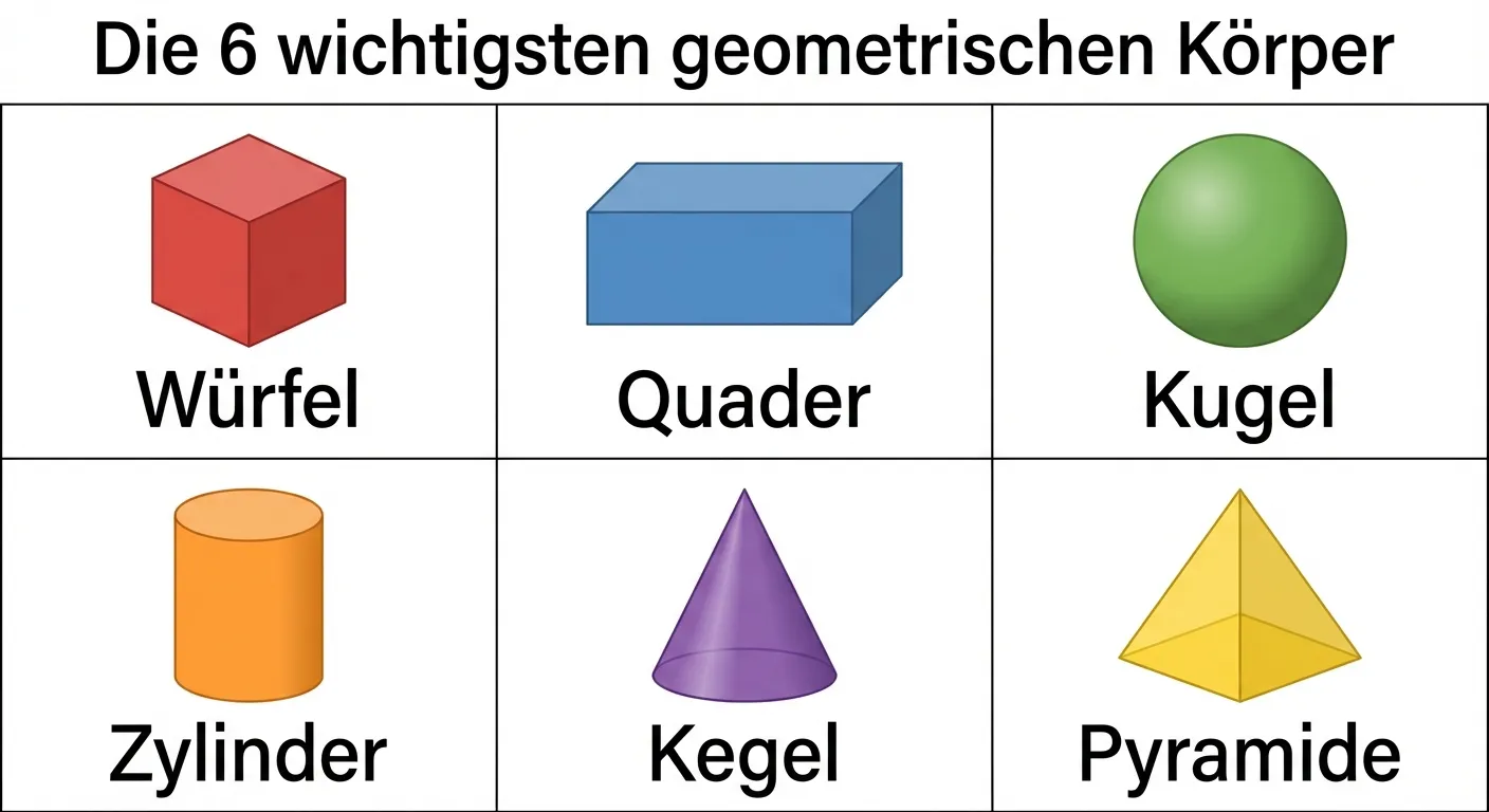 Erstelle ein übersichtliches Lernposter mit den sechs wichtigsten geometrischen Körpern.

**Anordnung:** 2 Reihen mit je 3 Körpern

**Reihe 1 (oben):**
1. **Würfel** - roter Würfel in Schrägansicht, darunter das Wort „Würfel“
2. **Quader** - blauer Quader (länger als breit) in Schrägansicht, darunter „Quader“
3. **Kugel** - grüne Kugel mit leichter Schattierung für 3D-Effekt, darunter „Kugel“

**Reihe 2 (unten):**
4. **Zylinder** - orange Zylinder in Schrägansicht, darunter „Zylinder“
5. **Kegel** - lila Kegel mit Spitze nach oben, darunter „Kegel“
6. **Pyramide** - gelbe quadratische Pyramide in Schrägansicht, darunter „Pyramide“

**Gestaltung:**
- Jeder Körper in einer eigenen hellen Farbe
- Alle Körper als 3D-Darstellung (Schrägbild)
- Klare, große Beschriftungen unter jedem Körper
- Weißer Hintergrund
- Übersichtlicher Diagrammstil für 4. Klasse