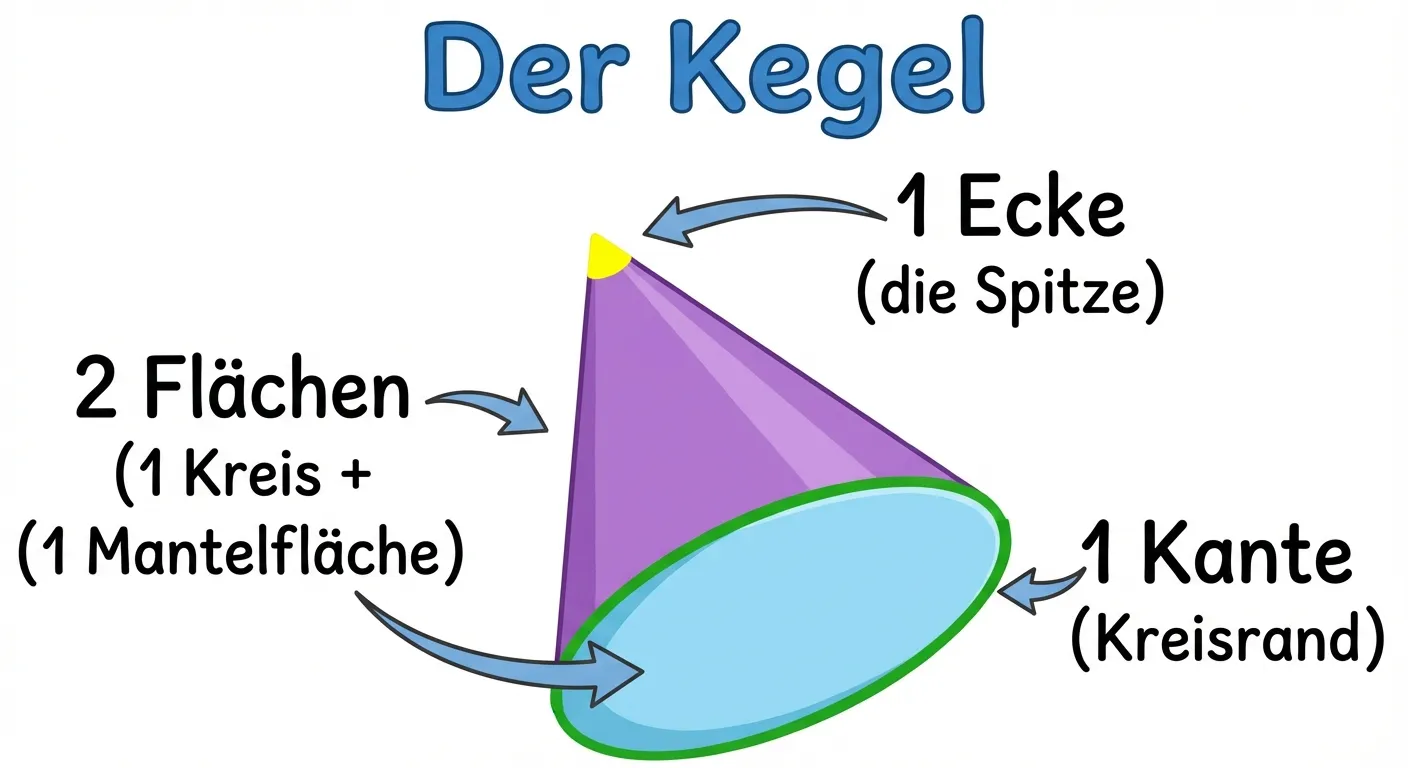 Erstelle ein Lerndiagramm, das die Eigenschaften des Kegels zeigt.

**Aufbau:** Kegel in der Mitte mit Beschriftungen

**Der Kegel:**
- Lila Kegel in Schrägansicht, Spitze zeigt nach oben
- Die Kreisfläche unten ist hellblau markiert
- Die Mantelfläche (Seite) ist sichtbar
- Die Spitze ist mit einem gelben Punkt markiert
- Die untere Kante (Kreisrand) ist grün hervorgehoben

**Beschriftungen um den Kegel:**
- Oben bei der Spitze: „1 Ecke (die Spitze)“
- Links: „2 Flächen (1 Kreis + 1 Mantelfläche)“
- Rechts: „1 Kante (Kreisrand)“

**Überschrift:** „Der Kegel“

**Gestaltung:**
- Klare 3D-Darstellung
- Große, lesbare Beschriftungen
- Weißer Hintergrund
- Kinderfreundlicher Diagrammstil für 4. Klasse