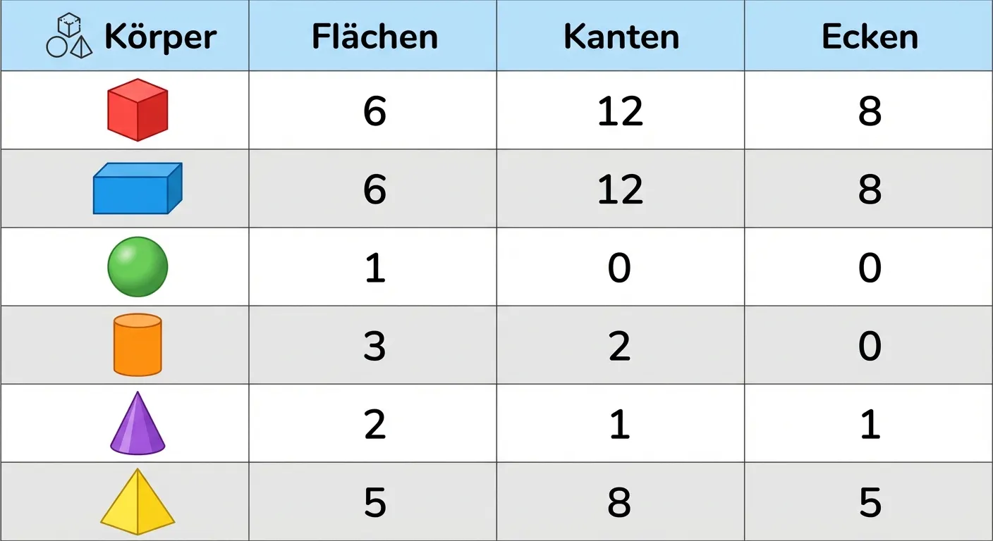 Erstelle eine übersichtliche Vergleichstabelle für alle sechs geometrischen Körper.

**Aufbau:** Tabelle mit 7 Zeilen und 4 Spalten

**Spaltenüberschriften:**
- Spalte 1: „Körper“ (mit kleinem Bild)
- Spalte 2: „Flächen“
- Spalte 3: „Kanten“
- Spalte 4: „Ecken“

**Zeilen (jede mit kleinem Körperbild links):**

Zeile 1 - Würfel:
- Kleiner roter Würfel
- 6
- 12
- 8

Zeile 2 - Quader:
- Kleiner blauer Quader
- 6
- 12
- 8

Zeile 3 - Kugel:
- Kleine grüne Kugel
- 1
- 0
- 0

Zeile 4 - Zylinder:
- Kleiner oranger Zylinder
- 3
- 2
- 0

Zeile 5 - Kegel:
- Kleiner lila Kegel
- 2
- 1
- 1

Zeile 6 - Pyramide:
- Kleine gelbe Pyramide
- 5
- 8
- 5

**Gestaltung:**
- Jede Zeile hat abwechselnd weißen und hellgrauen Hintergrund
- Zahlen sind groß und zentriert
- Kleine, farbige 3D-Bilder der Körper in der ersten Spalte
- Kopfzeile ist farbig hervorgehoben
- Weißer Gesamthintergrund
- Klare Tabellenlinien
- Übersichtlicher Stil für 4. Klasse