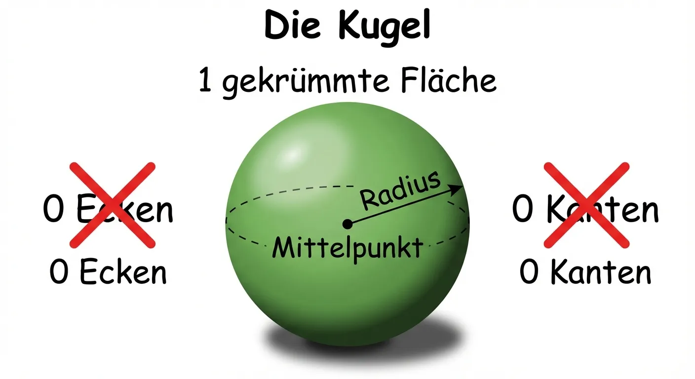 Erstelle ein Lerndiagramm, das die Eigenschaften der Kugel zeigt.

**Aufbau:** Kugel in der Mitte mit Beschriftungen

**Die Kugel:**
- Grüne Kugel mit 3D-Schattierung (leichter Glanz und Schatten für Kugeleffekt)
- Eine gestrichelte Linie zeigt den Mittelpunkt
- Der Radius ist eingezeichnet und beschriftet

**Beschriftungen um die Kugel:**
- Oben: „1 gekrümmte Fläche“
- Links: „0 Ecken“
- Rechts: „0 Kanten“

**Zusätzlich:**
- Ein rotes X bei „Ecken“ und „Kanten“ um zu zeigen, dass es keine gibt
- Überschrift: „Die Kugel“

**Gestaltung:**
- Realistische 3D-Darstellung der Kugel mit Schattierung
- Große, lesbare Beschriftungen
- Weißer Hintergrund
- Kinderfreundlicher Diagrammstil für 4. Klasse
