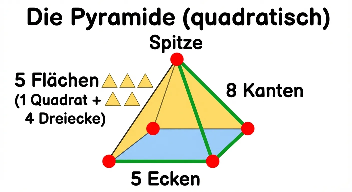 Erstelle ein Lerndiagramm, das die Eigenschaften der quadratischen Pyramide zeigt.

**Aufbau:** Pyramide in der Mitte mit Beschriftungen

**Die Pyramide:**
- Gelbe Pyramide mit quadratischer Grundfläche in Schrägansicht
- Die Grundfläche (Quadrat) ist hellblau markiert
- Die vier dreieckigen Seitenflächen sind sichtbar
- Alle 5 Ecken sind mit roten Punkten markiert (4 unten + 1 Spitze)
- Einige Kanten sind grün hervorgehoben

**Beschriftungen um die Pyramide:**
- Oben bei der Spitze: „Spitze“
- Links: „5 Flächen (1 Quadrat + 4 Dreiecke)“
- Rechts: „8 Kanten“
- Unten: „5 Ecken“

**Zusätzlich:**
- Kleine Dreiecke als Symbole für die Seitenflächen
- Überschrift: „Die Pyramide (quadratisch)“

**Gestaltung:**
- Klare 3D-Darstellung
- Große, lesbare Beschriftungen
- Weißer Hintergrund
- Kinderfreundlicher Diagrammstil für 4. Klasse