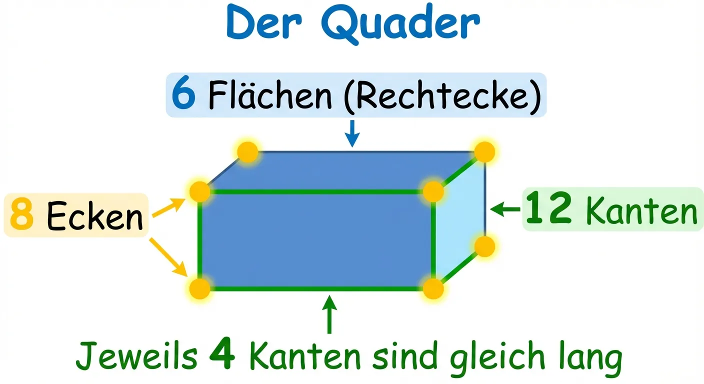 Erstelle ein Lerndiagramm, das die Eigenschaften des Quaders zeigt.

**Aufbau:** Quader in der Mitte mit Beschriftungen

**Der Quader:**
- Blauer Quader in Schrägansicht (länger als breit und hoch)
- Die 8 Ecken sind mit kleinen gelben Punkten markiert
- Einige Kanten sind grün hervorgehoben
- Eine Fläche (Rechteck) ist hellblau schattiert

**Beschriftungen um den Quader:**
- Oben: „6 Flächen (Rechtecke)“
- Links: „8 Ecken“
- Rechts: „12 Kanten“
- Unten: „Jeweils 4 Kanten sind gleich lang“

**Überschrift:** „Der Quader“

**Gestaltung:**
- Klare Farbcodierung (Ecken = gelb, Kanten = grün, Flächen = blau)
- Große, lesbare Zahlen und Beschriftungen
- Weißer Hintergrund
- Kinderfreundlicher Diagrammstil für 4. Klasse