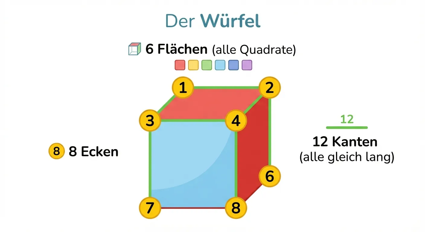 Erstelle ein Lerndiagramm, das die Eigenschaften des Würfels zeigt.

**Aufbau:** Würfel in der Mitte mit Beschriftungen

**Der Würfel:**
- Roter Würfel in Schrägansicht, sodass 3 Seiten sichtbar sind
- Alle 8 Ecken sind mit kleinen gelben Punkten markiert und nummeriert (1-8)
- Einige Kanten sind grün hervorgehoben
- Eine Fläche ist hellblau schattiert

**Beschriftungen um den Würfel:**
- Oben: „6 Flächen (alle Quadrate)“
- Links: „8 Ecken“
- Rechts: „12 Kanten (alle gleich lang)“

**Zusätzlich:**
- Kleine Symbole neben den Zahlen (6 kleine Quadrate für Flächen)
- Überschrift: „Der Würfel“

**Gestaltung:**
- Klare Farbcodierung (Ecken = gelb, Kanten = grün, Flächen = blau)
- Große, lesbare Zahlen und Beschriftungen
- Weißer Hintergrund
- Kinderfreundlicher Diagrammstil für 4. Klasse
