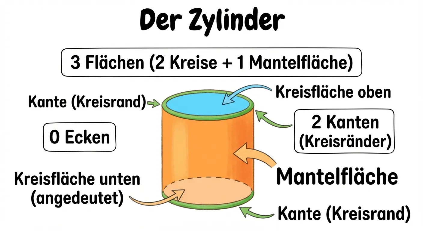 Erstelle ein Lerndiagramm, das die Eigenschaften des Zylinders zeigt.

**Aufbau:** Zylinder in der Mitte mit Beschriftungen

**Der Zylinder:**
- Oranger Zylinder in leichter Schrägansicht
- Die obere Kreisfläche ist sichtbar und hellblau markiert
- Die untere Kreisfläche ist angedeutet (gestrichelt)
- Die Mantelfläche (Seite) ist leicht hervorgehoben
- Die beiden Kanten (oberer und unterer Rand) sind grün markiert

**Beschriftungen um den Zylinder:**
- Oben: „3 Flächen (2 Kreise + 1 Mantelfläche)“
- Links: „0 Ecken“
- Rechts: „2 Kanten (Kreisränder)“

**Zusätzlich:**
- Pfeile zeigen auf die Kreisflächen und die Mantelfläche
- Überschrift: „Der Zylinder“

**Gestaltung:**
- Klare 3D-Darstellung
- Große, lesbare Beschriftungen
- Weißer Hintergrund
- Kinderfreundlicher Diagrammstil für 4. Klasse