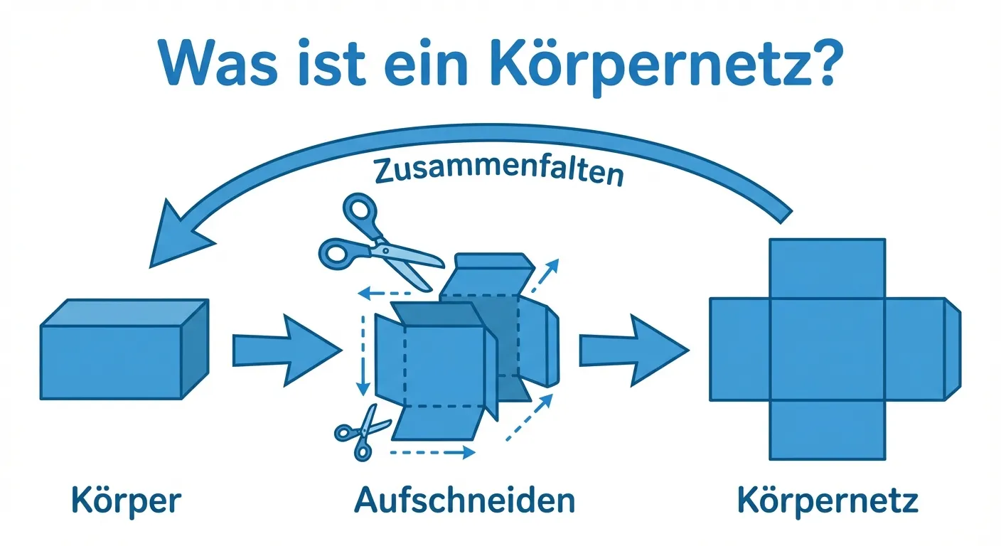 Erstelle ein Lerndiagramm, das zeigt, wie aus einem Körper ein Netz wird.

**Aufbau:** 3 Schritte von links nach rechts mit Pfeilen dazwischen

**Schritt 1 (links):**
- Ein geschlossener blauer Quader (Schachtel)
- Darunter: „Körper“

**Schritt 2 (Mitte):**
- Eine Schere, die den Quader „aufschneidet“
- Pfeile zeigen die Schnittlinien
- Darunter: „Aufschneiden“

**Schritt 3 (rechts):**
- Das flache Quadernetz (ein Kreuz aus 6 Rechtecken)
- Alle Teile hängen noch zusammen
- Darunter: „Körpernetz“

**Zusätzlich:**
- Gebogener Pfeil von rechts zurück nach links mit „Zusammenfalten“
- Überschrift: „Was ist ein Körpernetz?“

**Gestaltung:**
- Klare Pfeile zwischen den Schritten
- Einheitliche blaue Farbe für alle Teile
- Große, lesbare Beschriftungen
- Weißer Hintergrund
- Kinderfreundlicher Diagrammstil für 4. Klasse