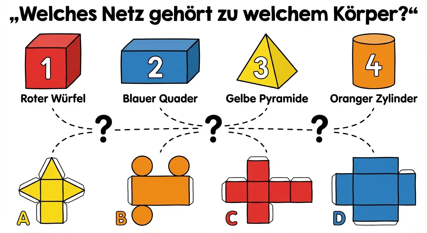 Erstelle ein Lerndiagramm für eine Zuordnungsübung.

**Aufbau:** Oben die Körper, unten die Netze

**Obere Reihe - 4 Körper:**
1. Roter Würfel mit Nummer „1“
2. Blauer Quader mit Nummer „2“
3. Gelbe Pyramide mit Nummer „3“
4. Oranger Zylinder mit Nummer „4“

**Untere Reihe - 4 Netze (in zufälliger Reihenfolge):**
A. Pyramidennetz (Quadrat + 4 Dreiecke) mit Buchstabe „A“
B. Zylindernetz (Rechteck + 2 Kreise) mit Buchstabe „B“
C. Würfelnetz (6 gleiche Quadrate in Kreuzform) mit Buchstabe „C“
D. Quadernetz (6 unterschiedlich große Rechtecke) mit Buchstabe „D“

**Gestaltung:**
- Klare Nummerierung und Buchstaben
- Gestrichelte Linien oder Fragezeichen zwischen den Reihen, die zum Nachdenken anregen
- Überschrift: „Welches Netz gehört zu welchem Körper?“
- Weißer Hintergrund
- Kinderfreundlicher Diagrammstil für 4. Klasse