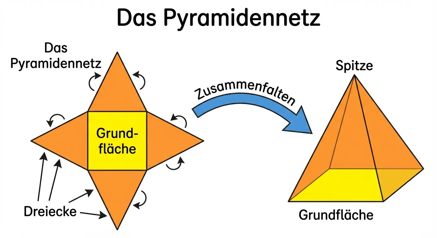 Erstelle ein Lerndiagramm, das das Netz einer quadratischen Pyramide zeigt.

**Aufbau:** Links das Netz, rechts die fertige Pyramide

**Links - Das Pyramidennetz:**
- In der Mitte ein Quadrat (Grundfläche, gelb)
- An jeder Seite des Quadrats hängt ein Dreieck (4 Dreiecke, orange)
- Die Dreiecke zeigen nach außen wie ein Stern

**Rechts - Die fertige Pyramide:**
- Eine Pyramide in Schrägansicht
- Gelbe Grundfläche (unten, teilweise sichtbar)
- Orange Dreieckseiten
- Die Spitze oben

**Pfeil in der Mitte:**
- Gebogener Pfeil von links nach rechts
- Beschriftung: „Zusammenfalten“
- Kleine Pfeile bei den Dreiecken zeigen, dass sie nach oben gefaltet werden

**Überschrift:** „Das Pyramidennetz“

**Gestaltung:**
- Klare Farben (Grundfläche = gelb, Dreiecke = orange)
- Symmetrische Anordnung
- Große, lesbare Beschriftungen
- Weißer Hintergrund
- Übersichtlicher Diagrammstil für 4. Klasse