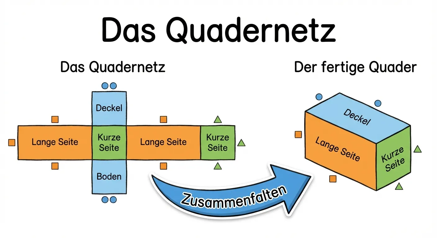 Erstelle ein Lerndiagramm, das ein Quadernetz zeigt.

**Aufbau:** Links das Netz, rechts der fertige Quader

**Links - Das Quadernetz:**
- 6 Rechtecke, die zusammenhängen
- Kreuzförmige Anordnung:
  - 1 kleines Rechteck oben (Deckel)
  - 4 Rechtecke in Reihe (2 lange Seiten, 2 kurze Seiten abwechselnd)
  - 1 kleines Rechteck unten (Boden)
- Farbcodierung:
  - Boden und Deckel (gleich groß): hellblau
  - 2 lange Seitenflächen (gleich groß): orange
  - 2 kurze Seitenflächen (gleich groß): grün

**Rechts - Der fertige Quader:**
- Ein Quader in Schrägansicht mit den entsprechenden Farben
- Sichtbare Flächen in passenden Farben

**Pfeil in der Mitte:**
- Gebogener Pfeil von links nach rechts
- Beschriftung: „Zusammenfalten“

**Zusätzlich:**
- Kleine Symbole zeigen, welche Flächen gleich groß sind
- Überschrift: „Das Quadernetz“

**Gestaltung:**
- Klare Farbcodierung für gleich große Flächen
- Erkennbare unterschiedliche Größen der Rechtecke
- Große, lesbare Beschriftungen
- Weißer Hintergrund
- Übersichtlicher Diagrammstil für 4. Klasse