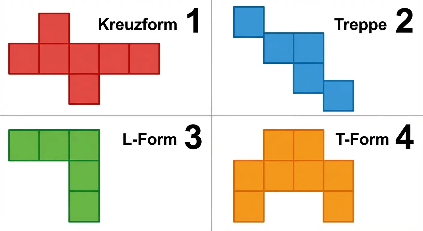 Erstelle ein Lerndiagramm, das vier verschiedene Würfelnetze zeigt.

**Aufbau:** 4 Würfelnetze in einer 2×2-Anordnung

**Netz 1 (oben links) - Kreuzform:**
- 1 oben, 4 in Reihe, 1 unten
- Klassisches Kreuz
- Beschriftung: „Kreuzform“

**Netz 2 (oben rechts) - Treppe:**
- Treppenförmige Anordnung: 1-2-2-1
- Beschriftung: „Treppe“

**Netz 3 (unten links) - L-Form:**
- 3 Quadrate in einer Reihe, 3 weitere versetzt
- Beschriftung: „L-Form“

**Netz 4 (unten rechts) - T-Form:**
- 1 oben, 3 in Reihe, 1 unten links, 1 unten rechts versetzt
- Beschriftung: „T-Form“

**Gestaltung:**
- Jedes Netz in einer eigenen Farbe (rot, blau, grün, orange)
- Klare Gitterlinien für die Quadrate
- Große, lesbare Beschriftungen
- Weißer Hintergrund
- Nummerierung oder Symbole bei jedem Netz
- Übersichtlicher Diagrammstil für 4. Klasse