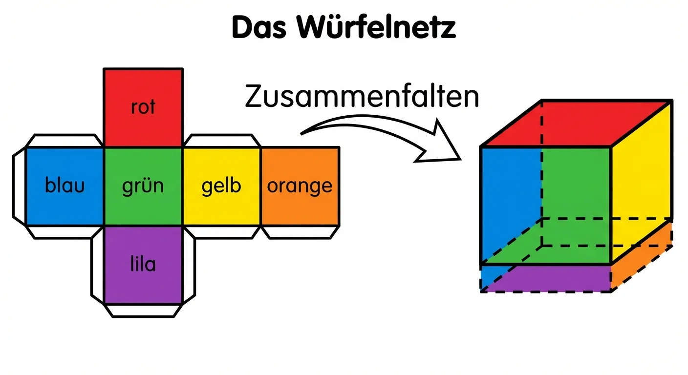 Erstelle ein Lerndiagramm, das ein Würfelnetz zeigt.

**Aufbau:** Links das Netz, rechts der fertige Würfel

**Links - Das Würfelnetz:**
- 6 gleich große Quadrate in Kreuzform angeordnet:
  - 1 Quadrat oben
  - 4 Quadrate in einer Reihe (Mitte)
  - 1 Quadrat unten
- Jedes Quadrat ist in einer anderen Farbe: rot, blau, grün, gelb, orange, lila
- Die Quadrate hängen an den Kanten zusammen

**Rechts - Der fertige Würfel:**
- Ein Würfel in Schrägansicht
- Die sichtbaren Seiten haben die passenden Farben aus dem Netz
- Gestrichelte Linien zeigen, welche Seiten beim Falten nach oben/unten kommen

**Pfeil in der Mitte:**
- Ein gebogener Pfeil von links nach rechts
- Beschriftung: „Zusammenfalten“

**Überschrift:** „Das Würfelnetz“

**Gestaltung:**
- Klare Farben für jedes Quadrat
- Linien zeigen die Faltkanten
- Große, lesbare Beschriftung
- Weißer Hintergrund
- Übersichtlicher Diagrammstil für 4. Klasse