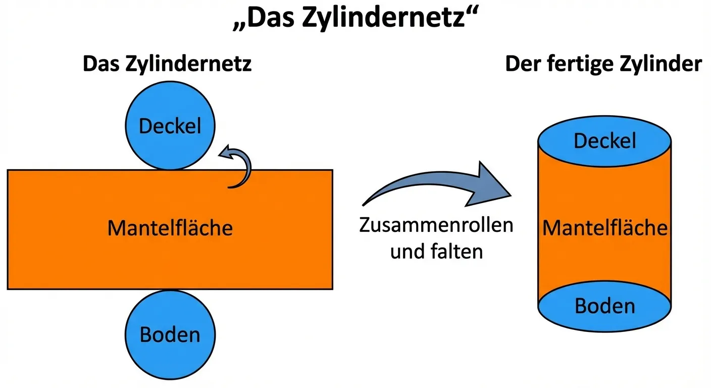 Erstelle ein Lerndiagramm, das das Netz eines Zylinders zeigt.

**Aufbau:** Links das Netz, rechts der fertige Zylinder

**Links - Das Zylindernetz:**
- In der Mitte ein langes Rechteck (die Mantelfläche, orange)
- Oben am Rechteck hängt ein Kreis (Deckel, blau)
- Unten am Rechteck hängt ein Kreis (Boden, blau)
- Die Kreise haben den gleichen Durchmesser wie die kurze Seite des Rechtecks

**Rechts - Der fertige Zylinder:**
- Ein Zylinder in Schrägansicht
- Blaue Kreisflächen oben und unten
- Orange Mantelfläche

**Pfeil in der Mitte:**
- Gebogener Pfeil von links nach rechts
- Beschriftung: „Zusammenrollen und falten“

**Zusätzlich:**
- Ein kleiner Pfeil zeigt, dass das Rechteck „gerollt“ wird
- Überschrift: „Das Zylindernetz“

**Gestaltung:**
- Klare Farben (Kreise = blau, Rechteck = orange)
- Proportionen sollten realistisch sein
- Große, lesbare Beschriftungen
- Weißer Hintergrund
- Übersichtlicher Diagrammstil für 4. Klasse