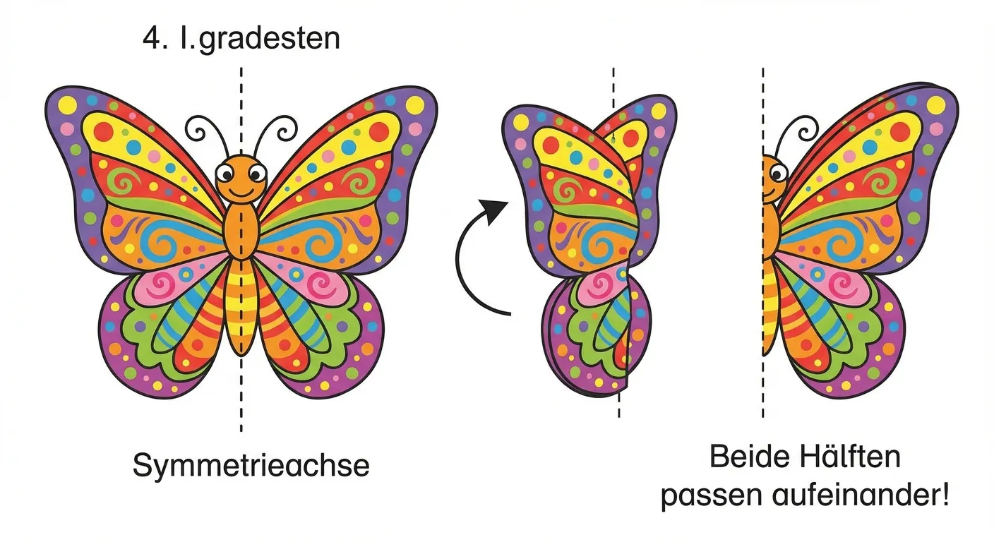 Erstelle ein farbenfrohes Bild eines Schmetterlings, der gefaltet wird.

**Aufbau:**
- Links: Ein bunter Schmetterling mit ausgebreiteten Flügeln von vorne gesehen
- Mitte: Eine gestrichelte vertikale Linie durch die Mitte des Schmetterlings, beschriftet mit „Symmetrieachse“
- Rechts: Der gleiche Schmetterling, halb zusammengefaltet entlang der Mittellinie

**Gestaltung:**
- Freundlicher Cartoon-Stil für 4. Klasse
- Die Flügel sind bunt und haben das gleiche Muster auf beiden Seiten
- Ein kleiner Pfeil zeigt die Faltbewegung
- Beschriftung „Beide Hälften passen aufeinander!“ unten
- Helle, kinderfreundliche Farben