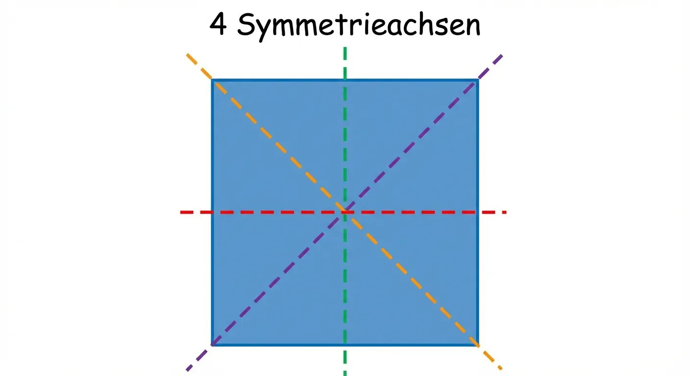 Erstelle ein Diagramm eines Quadrats mit allen vier Symmetrieachsen.

**Aufbau:**
- Ein großes blaues Quadrat in der Mitte
- Vier verschiedenfarbige gestrichelte Linien als Symmetrieachsen:
  - Rote Linie: horizontal durch die Mitte
  - Grüne Linie: vertikal durch die Mitte
  - Orange Linie: diagonal von links oben nach rechts unten
  - Lila Linie: diagonal von rechts oben nach links unten
- Jede Achse geht leicht über die Quadratkanten hinaus
- Beschriftung: „4 Symmetrieachsen“ oben

**Gestaltung:**
- Klarer Diagrammstil mit geometrischer Präzision
- Unterschiedliche Farben für jede Achse zur besseren Unterscheidung
- Übersichtlich und kinderfreundlich für 4. Klasse