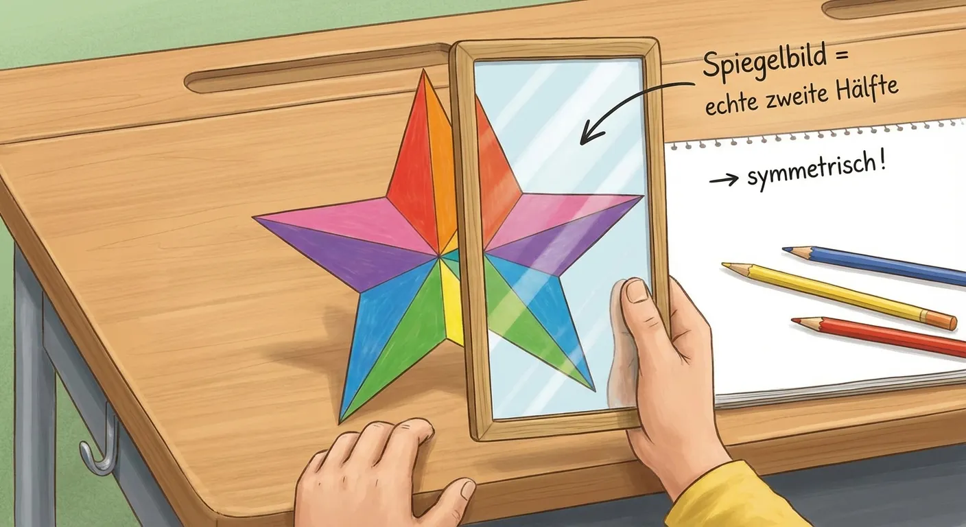 Erstelle ein Bild, das zeigt, wie man mit einem Spiegel Symmetrie überprüft.

**Aufbau:**
- Links: Eine bunte Figur (z.B. ein Stern oder Herz)
- Mitte: Ein Handspiegel, der senkrecht an der Symmetrieachse der Figur steht
- Im Spiegel sieht man die gespiegelte Hälfte
- Beschriftung: „Spiegelbild = echte zweite Hälfte → symmetrisch!“

**Gestaltung:**
- Realistischer Illustrationsstil
- Der Spiegel ist klar als Spiegel erkennbar mit Rahmen
- Die Figur ist bunt und kinderfreundlich
- Übersichtliche Beschriftung
- Geeignet für 4. Klasse