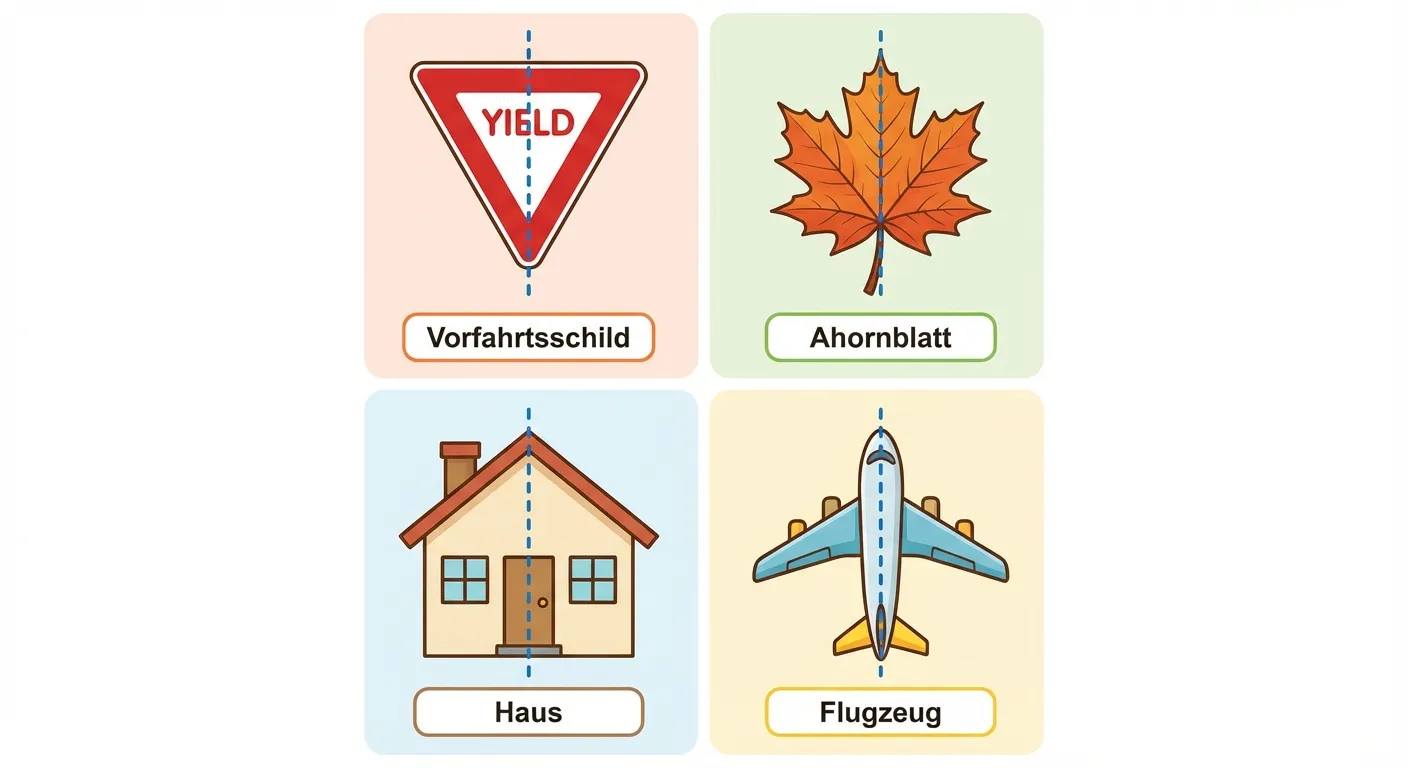 Erstelle ein Bild mit verschiedenen Beispielen für Achsensymmetrie im Alltag.

**Aufbau:**
- Vier Beispiele nebeneinander in einem Raster (2x2):
  - Oben links: Ein Vorfahrtsschild (Dreieck mit rotem Rand) mit gestrichelter Symmetrieachse
  - Oben rechts: Ein Ahornblatt mit gestrichelter Symmetrieachse durch die Mitte
  - Unten links: Ein einfaches Haus (Vorderansicht) mit gestrichelter Symmetrieachse
  - Unten rechts: Ein Flugzeug von oben mit gestrichelter Symmetrieachse
- Jedes Beispiel hat eine kleine Beschriftung darunter

**Gestaltung:**
- Freundlicher Illustrationsstil
- Jede Symmetrieachse als blaue gestrichelte Linie eingezeichnet
- Helle, klare Farben
- Kinderfreundlich für 4. Klasse