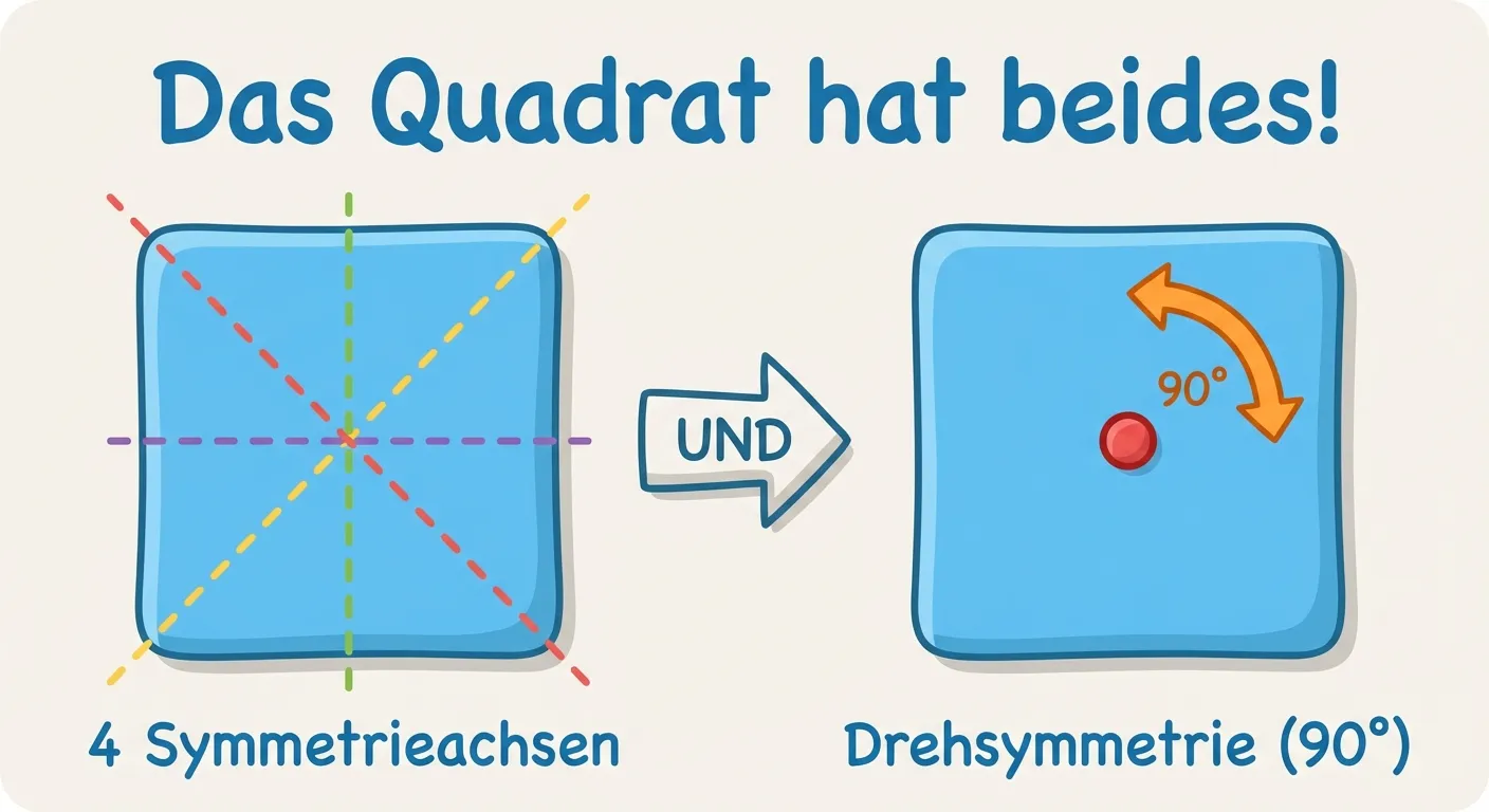 Erstelle ein Diagramm, das beide Symmetriearten am Quadrat zeigt.

**Aufbau:**
- Links: Ein Quadrat mit 4 eingezeichneten Symmetrieachsen (gestrichelte Linien)
  - Beschriftung: „4 Symmetrieachsen“
- Ein Pfeil mit „UND“ dazwischen
- Rechts: Das gleiche Quadrat mit Drehpunkt und gebogenem Pfeil für 90°
  - Beschriftung: „Drehsymmetrie (90°)“
- Oben steht: „Das Quadrat hat beides!“

**Gestaltung:**
- Klarer Diagrammstil
- Blaue Quadrate
- Symmetrieachsen in verschiedenen Farben
- Drehpunkt und Drehpfeil gut sichtbar
- Kinderfreundlich für 4. Klasse