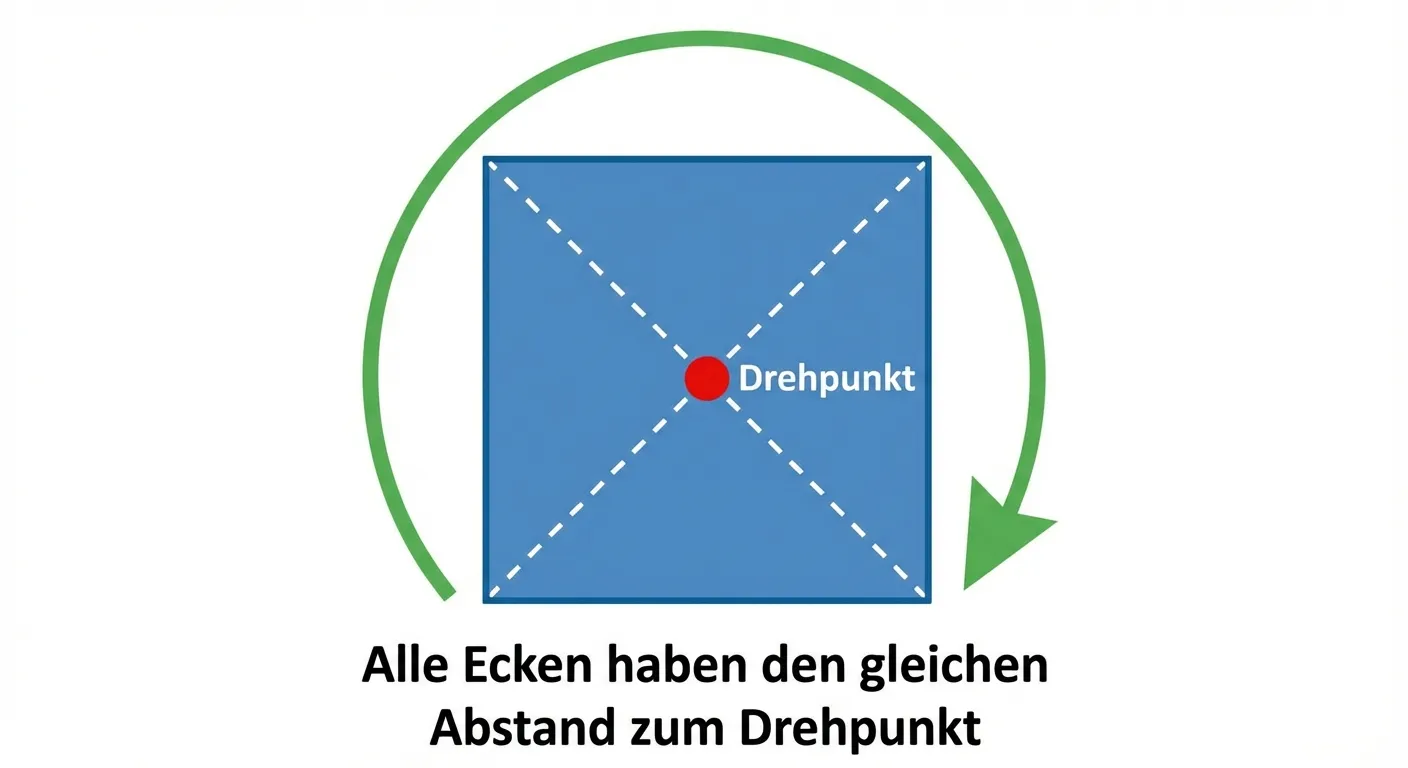 Erstelle ein Diagramm, das den Drehpunkt eines Quadrats zeigt.

**Aufbau:**
- Ein blaues Quadrat in der Mitte
- Der Mittelpunkt des Quadrats ist rot markiert und beschriftet mit „Drehpunkt“
- Gestrichelte Linien von den Ecken zum Mittelpunkt zeigen, dass alle Ecken den gleichen Abstand haben
- Ein gebogener Pfeil um das Quadrat zeigt die Drehrichtung
- Beschriftung: „Alle Ecken haben den gleichen Abstand zum Drehpunkt“

**Gestaltung:**
- Klarer Diagrammstil
- Der Drehpunkt ist deutlich als roter Punkt erkennbar
- Übersichtlich und geometrisch präzise
- Geeignet für 4. Klasse
