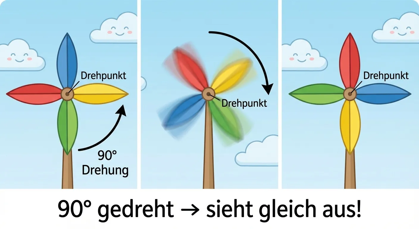 Erstelle ein Bild, das Drehsymmetrie mit einem Windrad erklärt.

**Aufbau:**
- Drei Bilder nebeneinander zeigen ein buntes Windrad mit 4 Flügeln:
  - Bild 1: Windrad in Ausgangsposition, Flügel zeigen nach oben/unten/links/rechts
  - Bild 2: Gekrümmter Pfeil zeigt eine 90°-Drehung im Uhrzeigersinn, Windrad dreht sich
  - Bild 3: Windrad nach der Drehung – sieht identisch aus wie Bild 1
- Unter den Bildern steht: „90° gedreht → sieht gleich aus!“
- In der Mitte jedes Windrads ist ein kleiner Punkt markiert, beschriftet mit „Drehpunkt“

**Gestaltung:**
- Buntes Windrad mit vier verschiedenfarbigen Flügeln (rot, blau, grün, gelb)
- Freundlicher Cartoon-Stil für 4. Klasse
- Heller Hintergrund
- Pfeile sind gut sichtbar