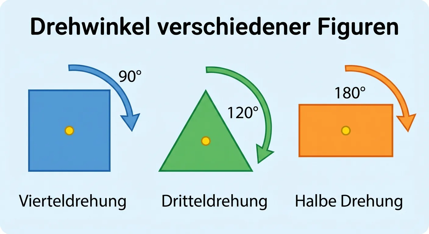 Erstelle ein Vergleichsbild mit drei Figuren und ihren Drehwinkeln.

**Aufbau:**
- Drei Figuren nebeneinander, jede mit einem gebogenen Pfeil, der den Drehwinkel zeigt:
  - Links: Blaues Quadrat mit Pfeil „90°“ – Text: „Vierteldrehung“
  - Mitte: Grünes gleichseitiges Dreieck mit Pfeil „120°“ – Text: „Dritteldrehung“
  - Rechts: Oranges Rechteck mit Pfeil „180°“ – Text: „Halbe Drehung“
- Jede Figur hat den Drehpunkt in der Mitte markiert
- Über dem Bild steht: „Drehwinkel verschiedener Figuren“

**Gestaltung:**
- Klarer Diagrammstil mit geometrischer Präzision
- Jede Figur in einer anderen Farbe
- Drehpfeile sind deutlich sichtbar mit Winkelangabe
- Kinderfreundlich für 4. Klasse
