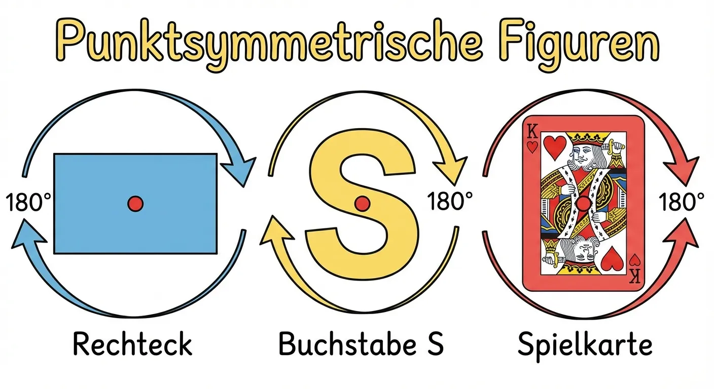 Erstelle ein Bild mit Beispielen für Punktsymmetrie.

**Aufbau:**
- Drei Beispiele nebeneinander:
  - Links: Ein Rechteck mit markiertem Drehpunkt in der Mitte, beschriftet „Rechteck“
  - Mitte: Der Buchstabe „S“ mit markiertem Drehpunkt, beschriftet „Buchstabe S“
  - Rechts: Eine Spielkarte (z.B. Herz-König oder einfache Ziffer) mit Drehpunkt, beschriftet „Spielkarte“
- Jedes Beispiel hat einen gebogenen Pfeil mit „180°“
- Überschrift: „Punktsymmetrische Figuren“

**Gestaltung:**
- Freundlicher Illustrationsstil
- Drehpunkte sind deutlich als rote Punkte markiert
- Helle, klare Farben
- Kinderfreundlich für 4. Klasse
