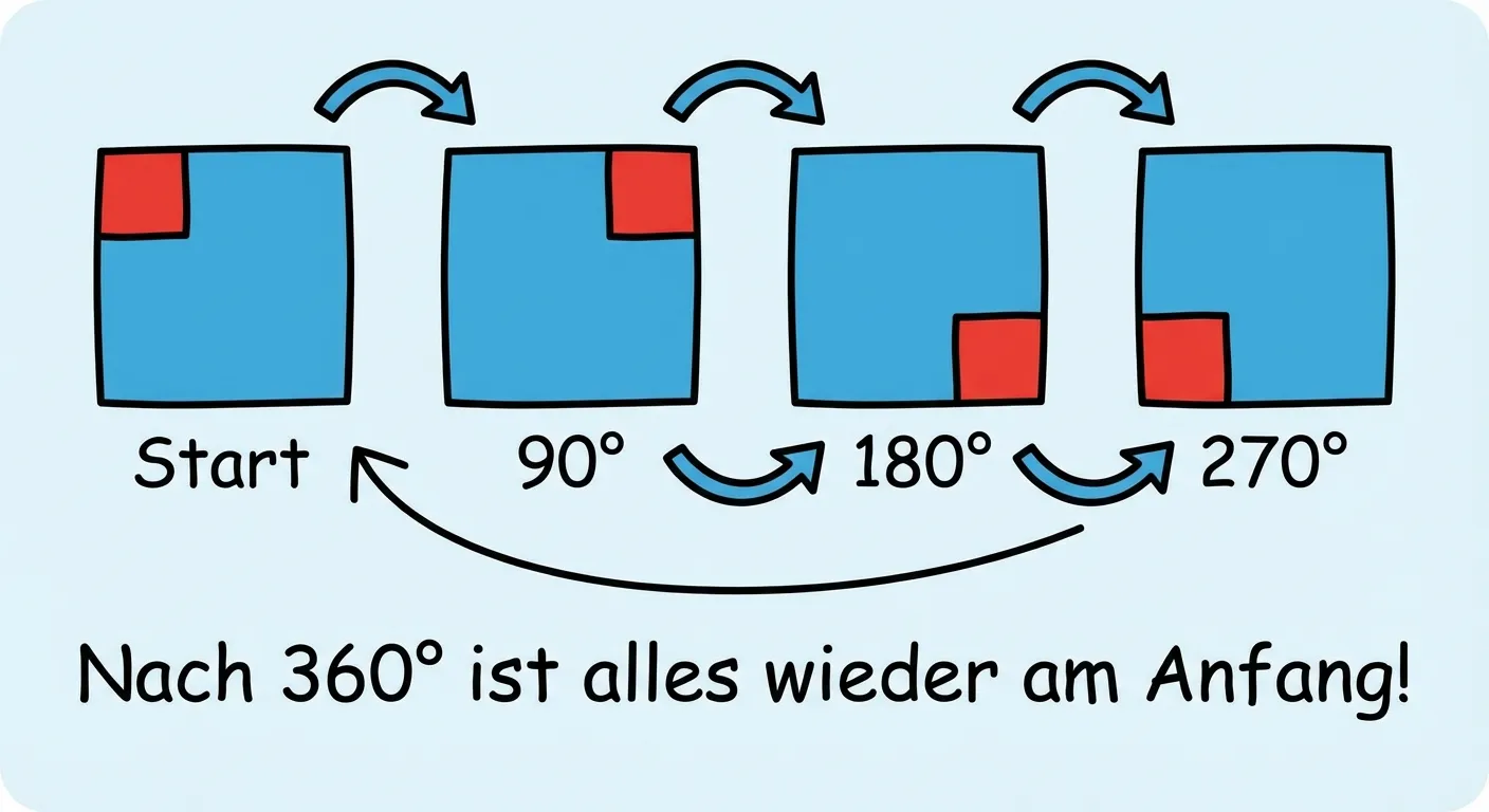 Erstelle ein Bild, das zeigt, wie ein Quadrat viermal um 90° gedreht wird.

**Aufbau:**
- 4 Quadrate in einer Reihe, die die Drehung zeigen:
  - Quadrat 1: Eine Ecke ist rot markiert (oben links), darunter „Start“
  - Quadrat 2: Nach 90° Drehung, rote Ecke jetzt oben rechts, darunter „90°“
  - Quadrat 3: Nach 180° Drehung, rote Ecke jetzt unten rechts, darunter „180°“
  - Quadrat 4: Nach 270° Drehung, rote Ecke jetzt unten links, darunter „270°“
- Gebogene Pfeile zwischen den Quadraten zeigen die Drehrichtung
- Unten steht: „Nach 360° ist alles wieder am Anfang!“

**Gestaltung:**
- Klarer Diagrammstil
- Blaue Quadrate mit einer roten Ecke zur Orientierung
- Übersichtliche Anordnung
- Kinderfreundlich für 4. Klasse