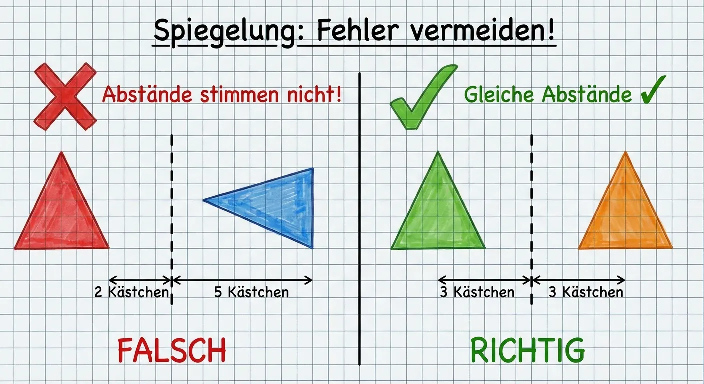 Erstelle ein Bild, das typische Fehler bei der Spiegelung zeigt.

**Aufbau:**
- Zwei Beispiele nebeneinander:
- **Links (FALSCH):**
  - Ein Dreieck und sein „Spiegelbild“ mit unterschiedlichen Abständen zur Achse
  - Rotes X-Symbol
  - Beschriftung: „Abstände stimmen nicht!“
- **Rechts (RICHTIG):**
  - Ein Dreieck und sein korrektes Spiegelbild mit gleichen Abständen
  - Grünes Häkchen
  - Beschriftung: „Gleiche Abstände ✓“
- Die Abstände sind mit Zahlen markiert

**Gestaltung:**
- Klarer Vergleich zwischen falsch und richtig
- Deutliche Farben: Rot für Fehler, Grün für korrekt
- Karopapier-Hintergrund
- Kinderfreundlich für 4. Klasse