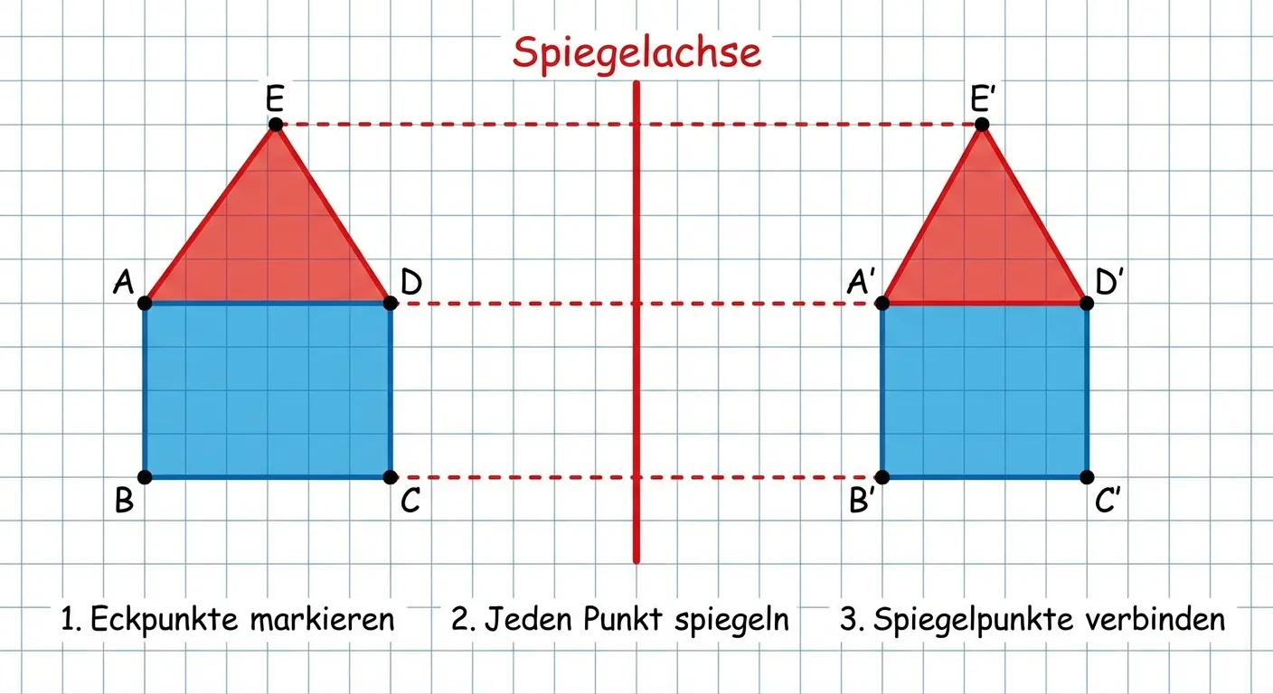 Erstelle ein Bild, das zeigt, wie eine komplette Figur gespiegelt wird.

**Aufbau:**
- Ein einfaches Haus aus geometrischen Formen (Quadrat + Dreieckdach) links der Spiegelachse
- Die Eckpunkte sind mit A, B, C, D, E markiert
- Senkrechte rote Spiegelachse in der Mitte
- Rechts das gespiegelte Haus mit Punkten A', B', C', D', E'
- Gestrichelte Linien verbinden jeden Punkt mit seinem Spiegelpunkt
- Die Schritte sind beschriftet:
  1. „Eckpunkte markieren“
  2. „Jeden Punkt spiegeln“
  3. „Spiegelpunkte verbinden“

**Gestaltung:**
- Buntes, einfaches Haus
- Karopapier-Hintergrund für leichteres Verstehen
- Deutliche Punkt-Beschriftungen
- Kinderfreundlich für 4. Klasse
