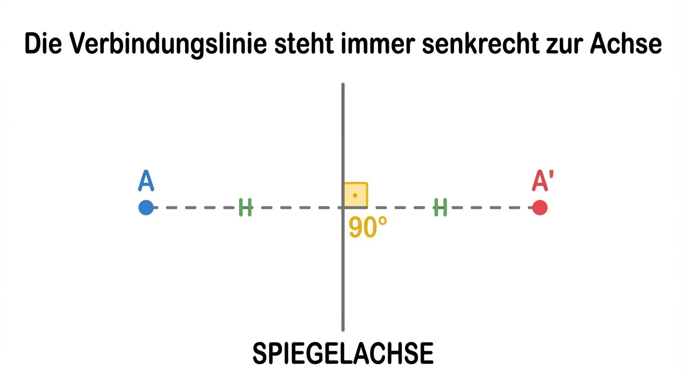Erstelle ein Diagramm, das den rechten Winkel bei der Spiegelung zeigt.

**Aufbau:**
- Eine senkrechte Spiegelachse in der Mitte
- Ein Punkt A links und sein Spiegelpunkt A' rechts
- Eine horizontale gestrichelte Linie verbindet A und A'
- Am Schnittpunkt mit der Spiegelachse ist ein kleines Quadrat-Symbol für den rechten Winkel (90°)
- Beschriftung: „90°“ am Winkel-Symbol
- Abstände auf beiden Seiten sind gleich markiert
- Überschrift: „Die Verbindungslinie steht immer senkrecht zur Achse“

**Gestaltung:**
- Klarer geometrischer Diagrammstil
- Der rechte Winkel ist deutlich markiert
- Übersichtlich und präzise
- Kinderfreundlich für 4. Klasse