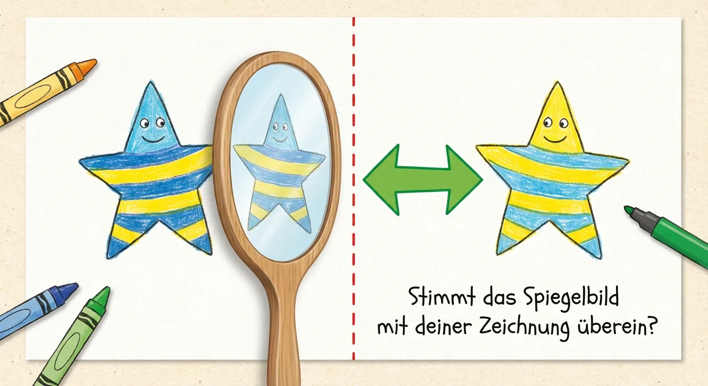 Erstelle ein Bild, das zeigt, wie man seine Spiegelung mit einem Spiegel kontrolliert.

**Aufbau:**
- Eine gezeichnete Figur (z.B. Stern) links einer Spiegelachse
- Die gespiegelte Figur rechts der Achse
- Ein Handspiegel, der genau auf der Spiegelachse steht
- Im Spiegel sieht man das Spiegelbild der linken Figur
- Ein Vergleichspfeil zwischen dem Spiegelbild und der gezeichneten rechten Figur
- Beschriftung: „Stimmt das Spiegelbild mit deiner Zeichnung überein?“

**Gestaltung:**
- Realistischer Spiegel mit Rahmen
- Bunte, einfache Figuren
- Deutlicher Vergleich zwischen Spiegelbild und Zeichnung
- Kinderfreundlich für 4. Klasse