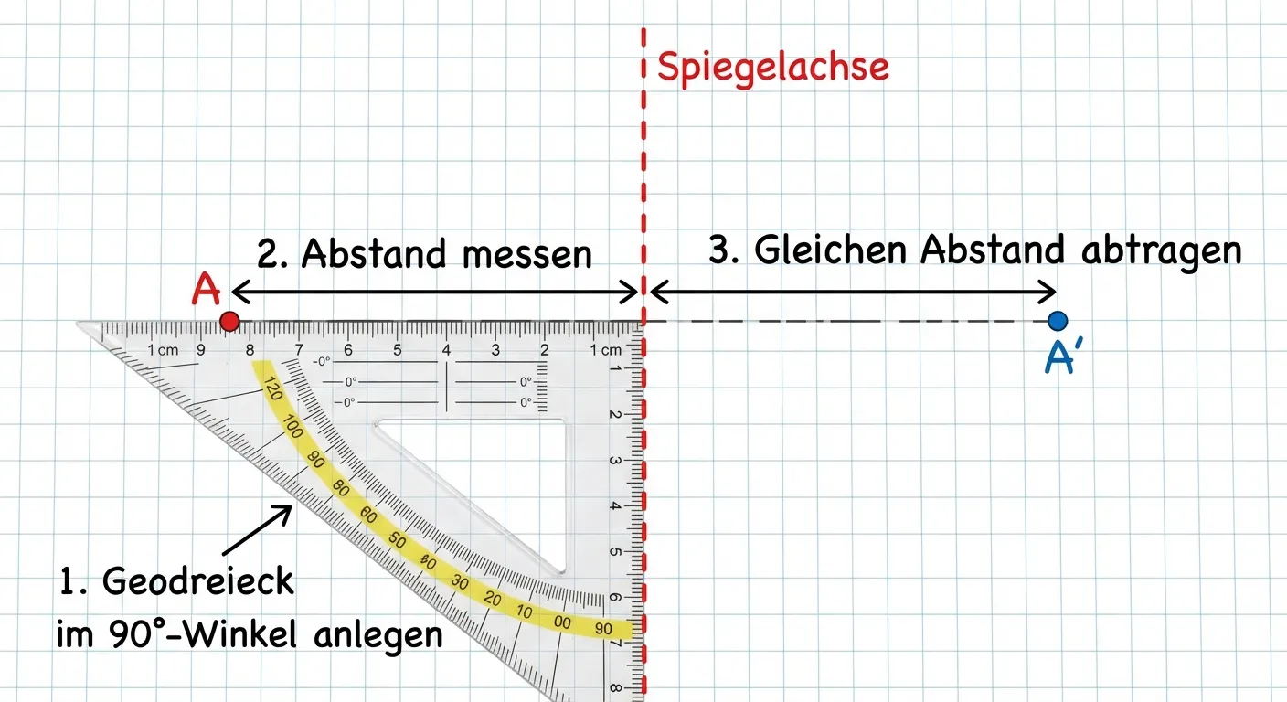 Erstelle ein Bild, das zeigt, wie man mit dem Geodreieck spiegelt.

**Aufbau:**
- Eine senkrechte Spiegelachse (gestrichelte rote Linie)
- Links ein Punkt A markiert
- Ein Geodreieck, das im rechten Winkel an der Achse angelegt ist
- Die lange Seite des Geodreiecks geht durch Punkt A
- Beschriftung der Schritte:
  1. „Geodreieck im 90°-Winkel anlegen“
  2. „Abstand messen“ (mit Pfeil zum Punkt)
  3. „Gleichen Abstand abtragen“ (Pfeil zur anderen Seite)
- Punkt A' auf der anderen Seite markiert

**Gestaltung:**
- Realistisches Geodreieck mit sichtbarer Skala
- Klare Nummerierung der Schritte
- Übersichtliches Diagramm
- Kinderfreundlich für 4. Klasse