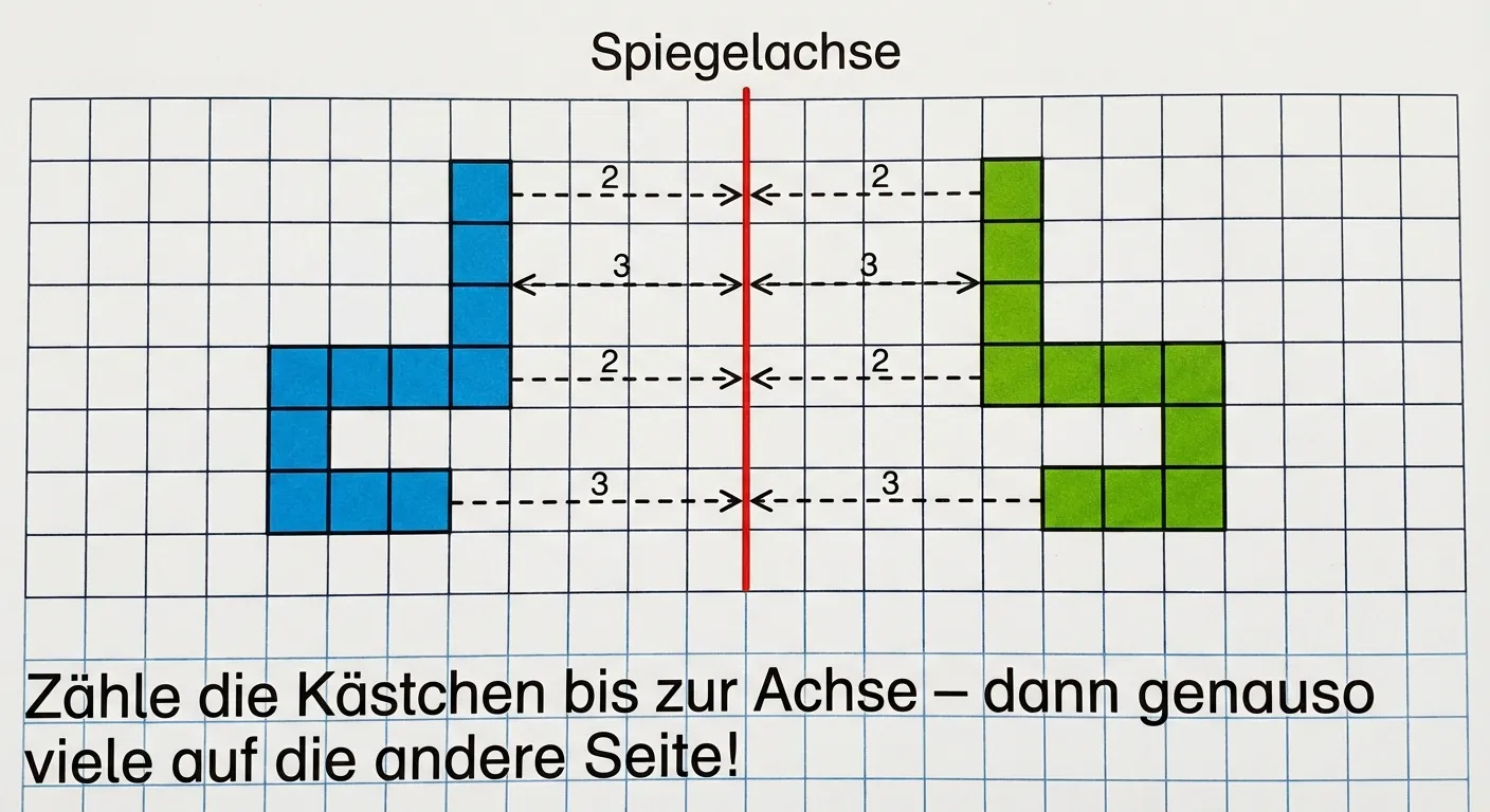 Erstelle ein Bild, das zeigt, wie man auf Karopapier spiegelt.

**Aufbau:**
- Ein Karopapier-Raster (ca. 10x8 Kästchen)
- In der Mitte eine senkrechte rote Linie als Spiegelachse
- Links: Ein L-förmiges Muster aus 4-5 ausgefüllten Kästchen (blau)
- Gestrichelte Pfeile zeigen von jedem blauen Kästchen zur Spiegelachse
- Die Abstände in Kästchen sind mit kleinen Zahlen beschriftet (z.B. „2“, „3“)
- Rechts: Das gespiegelte L-Muster (grün) an den entsprechenden Positionen
- Unten steht: „Zähle die Kästchen bis zur Achse – dann genauso viele auf die andere Seite!“

**Gestaltung:**
- Deutliches Karopapier-Raster
- Original in Blau, Spiegelbild in Grün
- Klare Beschriftung der Abstände
- Übersichtlich und kinderfreundlich für 4. Klasse
