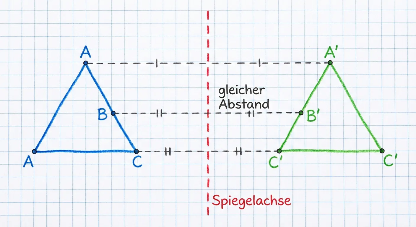 Erstelle ein Diagramm, das das Grundprinzip der Achsenspiegelung zeigt.

**Aufbau:**
- In der Mitte eine senkrechte rote gestrichelte Linie, beschriftet mit „Spiegelachse“
- Links der Achse: Ein blaues Dreieck mit markierten Eckpunkten A, B, C
- Rechts der Achse: Das gespiegelte Dreieck in Grün mit Eckpunkten A', B', C'
- Horizontale gestrichelte Linien verbinden jeden Punkt mit seinem Spiegelpunkt
- Kleine Abstands-Markierungen zeigen, dass A und A' gleich weit von der Achse entfernt sind
- Beschriftung: „gleicher Abstand“ bei den Verbindungslinien

**Gestaltung:**
- Klarer Diagrammstil auf Karopapier-Hintergrund
- Original in Blau, Spiegelbild in Grün
- Deutlich markierte Punkte mit Beschriftung
- Kinderfreundlich für 4. Klasse