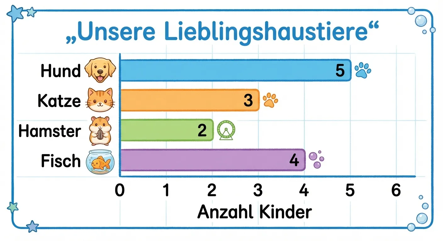 Erstelle ein farbenfrohes Balkendiagramm für Grundschüler der 4. Klasse.

**Titel oben:** „Unsere Lieblingshaustiere“

**Aufbau:**
- Y-Achse (links): Vier Kategorien untereinander: „Hund“ (oben), „Katze“, „Hamster“, „Fisch“ (unten)
- X-Achse (unten): Skala von 0 bis 6, beschriftet mit 0, 1, 2, 3, 4, 5, 6
- X-Achse-Beschriftung: „Anzahl Kinder“

**Balken:**
- Hund: Blauer Balken, Länge 5
- Katze: Oranger Balken, Länge 3
- Hamster: Grüner Balken, Länge 2
- Fisch: Lila Balken, Länge 4

**Gestaltung:**
- Helle, freundliche Farben (identisch zum Säulendiagramm)
- Klare, große Beschriftungen
- Weißer Hintergrund mit leichten Gitterlinien
- Cartoon-Stil, kindgerecht
- Die Balken liegen mit Abstand untereinander