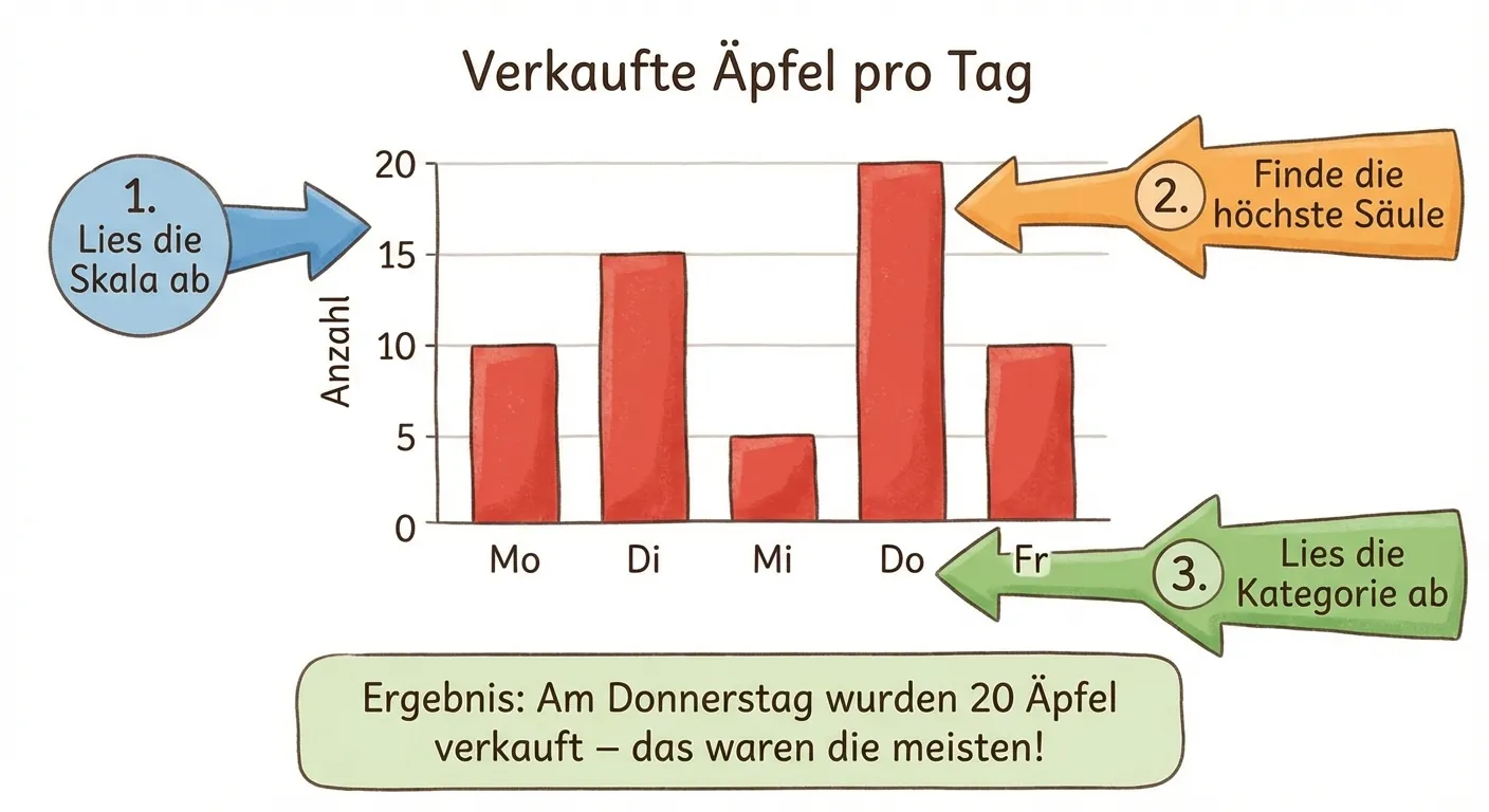 Erstelle ein Säulendiagramm mit nummerierten Anleitungsschritten für 4. Klasse.

**Diagramm in der Mitte:**
- Titel: „Verkaufte Äpfel pro Tag“
- Y-Achse: 0, 5, 10, 15, 20 mit Beschriftung „Anzahl“
- X-Achse: „Mo“, „Di“, „Mi“, „Do“, „Fr“
- Fünf rote Säulen: Mo (Höhe 10), Di (Höhe 15), Mi (Höhe 5), Do (Höhe 20), Fr (Höhe 10)

**Nummerierte Hinweispfeile:**
1. Pfeil zur Y-Achse mit Text: „1. Lies die Skala ab“
2. Pfeil zu einer Säule (Do) mit Text: „2. Finde die höchste Säule“
3. Pfeil zur X-Achse unter der höchsten Säule mit Text: „3. Lies die Kategorie ab“

**Textbox unten:**
„Ergebnis: Am Donnerstag wurden 20 Äpfel verkauft – das waren die meisten!“

**Gestaltung:**
- Klare, große Pfeile und Nummern in Kreisen
- Freundliche Farben
- Kindgerechter Illustrations-Stil