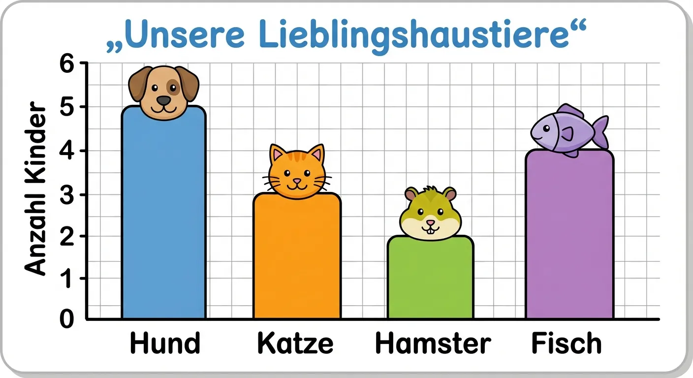 Erstelle ein farbenfrohes Säulendiagramm für Grundschüler der 4. Klasse.

**Titel oben:** „Unsere Lieblingshaustiere“

**Aufbau:**
- X-Achse (unten): Vier Kategorien nebeneinander: „Hund“, „Katze“, „Hamster“, „Fisch“
- Y-Achse (links): Skala von 0 bis 6, beschriftet mit 0, 1, 2, 3, 4, 5, 6
- Y-Achse-Beschriftung: „Anzahl Kinder“

**Säulen:**
- Hund: Blaue Säule, Höhe 5
- Katze: Orange Säule, Höhe 3
- Hamster: Grüne Säule, Höhe 2
- Fisch: Lila Säule, Höhe 4

**Gestaltung:**
- Helle, freundliche Farben
- Klare, große Beschriftungen
- Weißer Hintergrund mit leichten Gitterlinien
- Cartoon-Stil, kindgerecht
- Die Säulen stehen mit Abstand nebeneinander