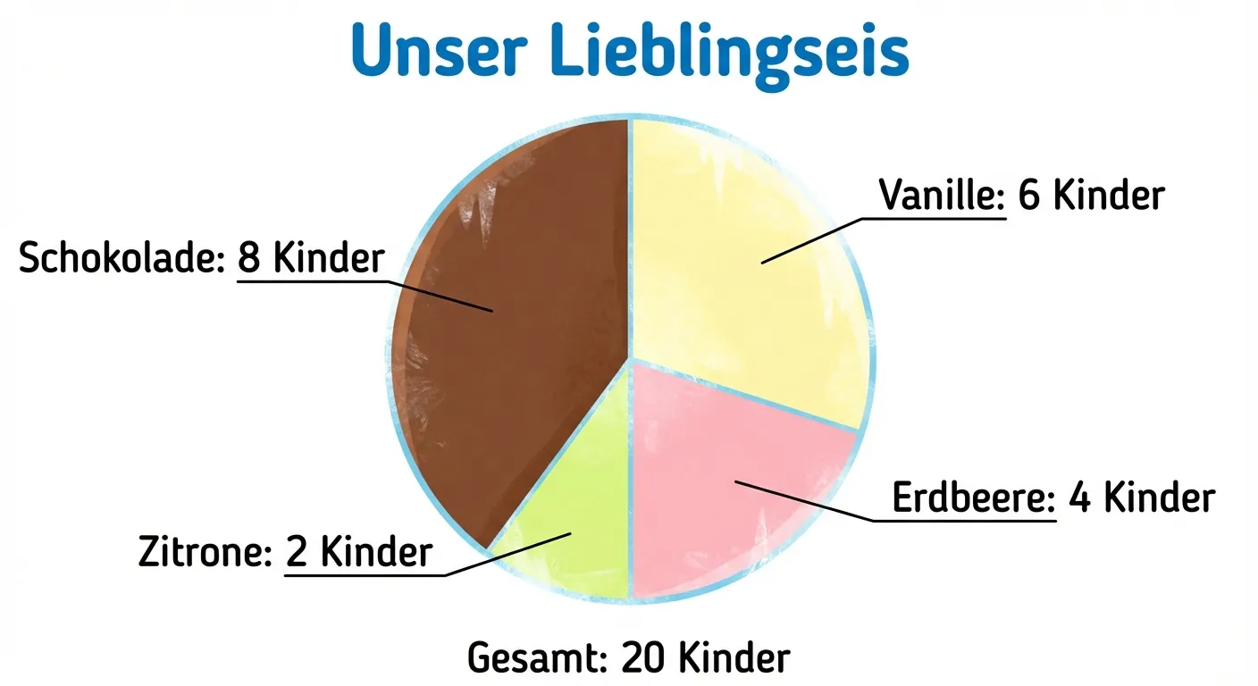 Erstelle ein Kreisdiagramm einer Klassenumfrage zum Lieblingseis für 4. Klasse.

**Diagramm:**
- Titel: „Unser Lieblingseis“
- Kreisdiagramm mit 4 unterschiedlich großen Stücken:
  - Schokolade (braun): Größtes Stück, etwa 40% des Kreises
  - Vanille (hellgelb): Zweitgrößtes Stück, etwa 30% des Kreises
  - Erdbeere (rosa): Mittelgroßes Stück, etwa 20% des Kreises
  - Zitrone (hellgrün): Kleinstes Stück, etwa 10% des Kreises

**Beschriftung:**
- Jedes Stück hat den Namen und die Anzahl: „Schokolade: 8 Kinder“, „Vanille: 6 Kinder“, „Erdbeere: 4 Kinder“, „Zitrone: 2 Kinder“
- Unter dem Diagramm: „Gesamt: 20 Kinder“

**Gestaltung:**
- Leuchtende, eisige Farben
- Klare Beschriftungen außerhalb des Kreises mit Linien zum jeweiligen Stück
- Weißer Hintergrund
- Kindgerechter, ansprechender Stil