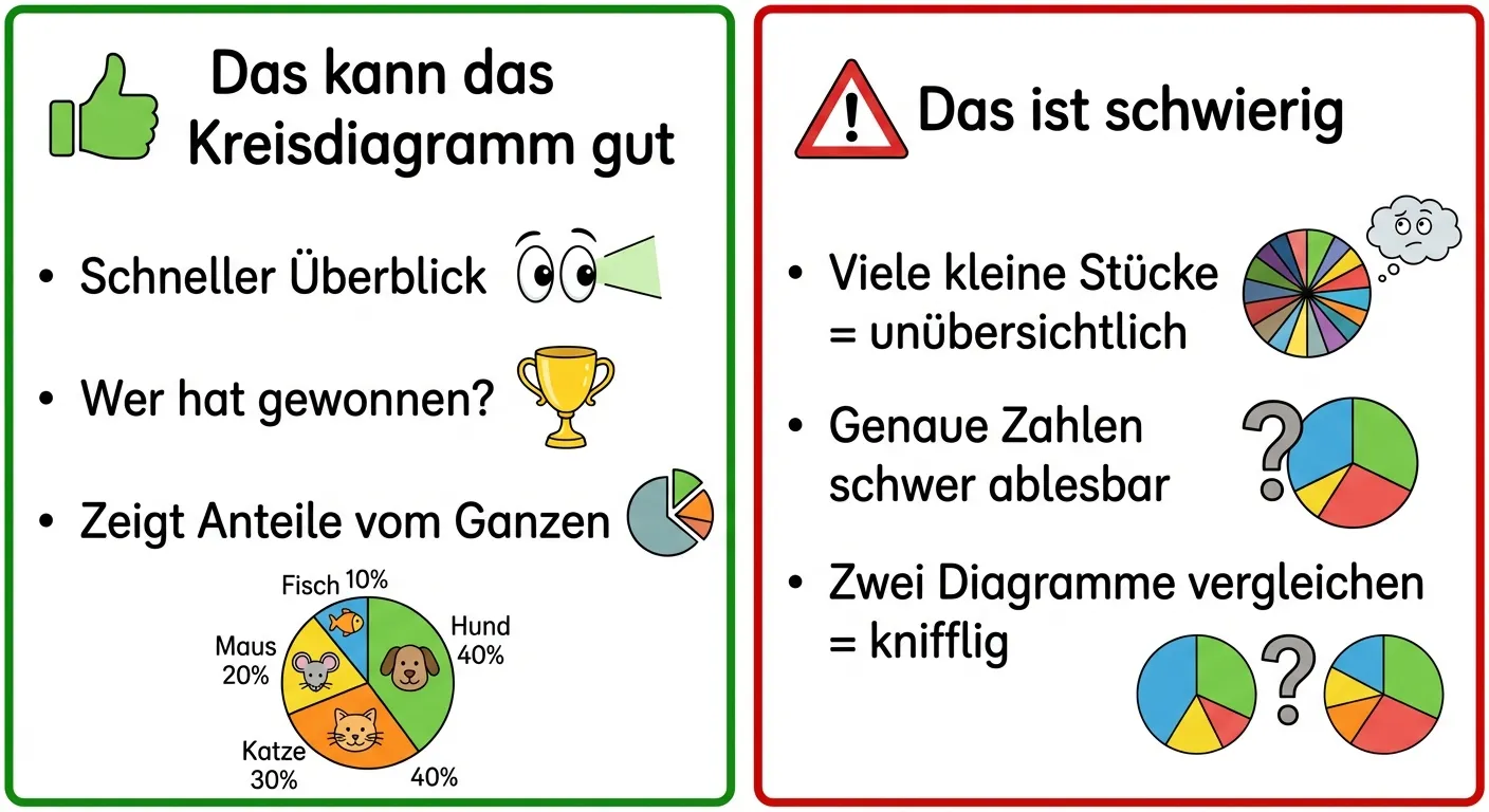 Erstelle eine visuelle Gegenüberstellung von Vor- und Nachteilen für 4. Klasse.

**Layout:** Zwei Spalten nebeneinander

**Linke Spalte - Vorteile (grüner Rahmen):**
Überschrift: „Das kann das Kreisdiagramm gut“
- Icon: Daumen hoch
- Bullet-Punkte mit kleinen Illustrationen:
  - „Schneller Überblick“ (Augen-Symbol)
  - „Wer hat gewonnen?“ (Pokal-Symbol)
  - „Zeigt Anteile vom Ganzen“ (Kreis-Symbol)
- Kleines Beispiel: Einfaches Kreisdiagramm mit 3-4 Stücken

**Rechte Spalte - Nachteile (roter Rahmen):**
Überschrift: „Das ist schwierig“
- Icon: Warnung-Dreieck
- Bullet-Punkte mit kleinen Illustrationen:
  - „Viele kleine Stücke = unübersichtlich“ (Kreis mit 10+ winzigen Stücken)
  - „Genaue Zahlen schwer ablesbar“ (Fragezeichen)
  - „Zwei Diagramme vergleichen = knifflig“ (zwei Kreise mit Fragezeichen dazwischen)

**Gestaltung:**
- Klare Trennung der zwei Spalten
- Freundliche Icons und Illustrationen
- Kindgerechte Sprache und Bilder
- Weißer Hintergrund