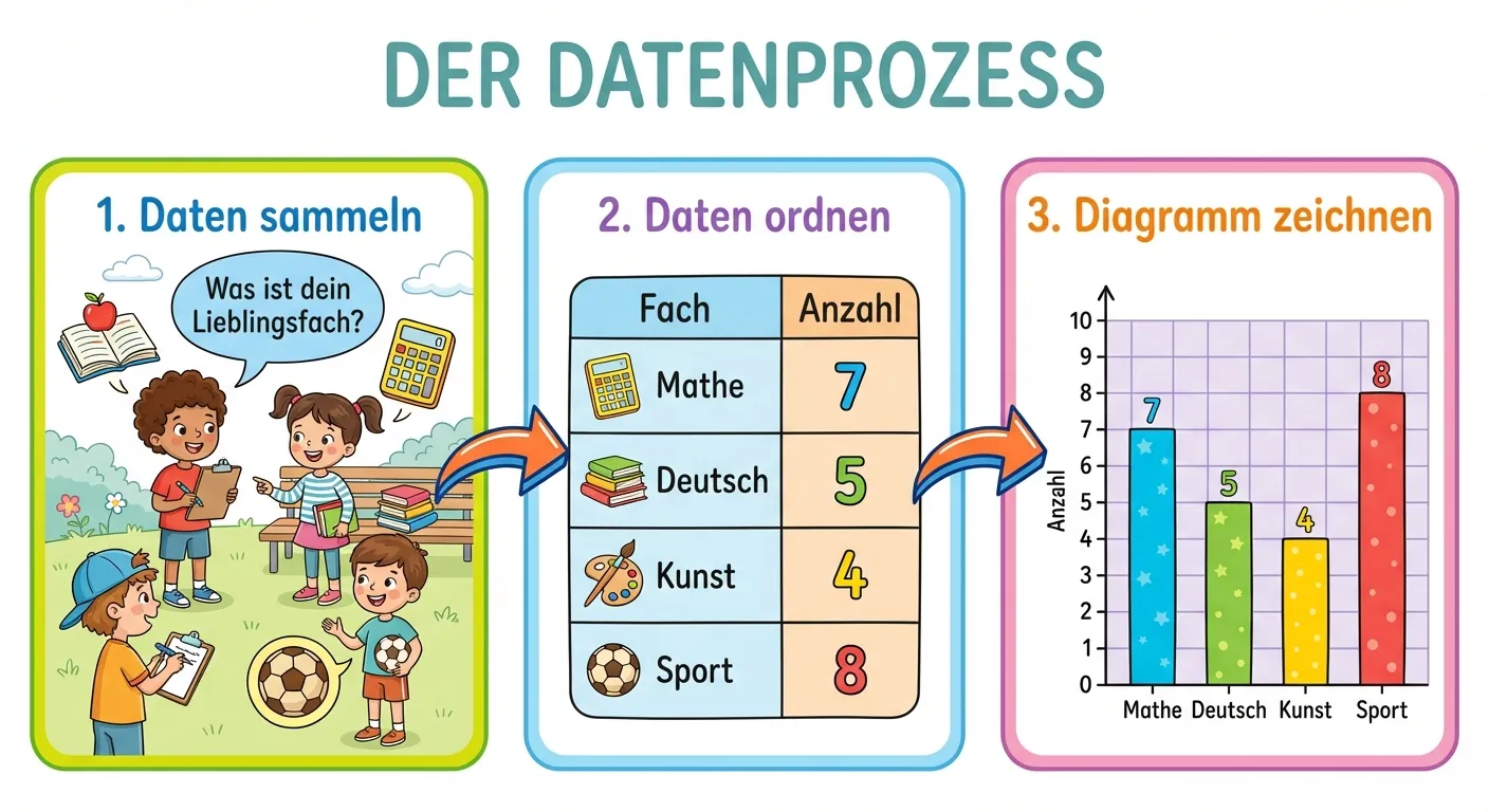 Erstelle eine Schritt-für-Schritt-Illustration des Datenprozesses für 4. Klasse.

**Layout:** Drei Kästen nebeneinander, verbunden durch Pfeile

**Kasten 1 - Daten sammeln:**
- Überschrift: „1. Daten sammeln“
- Illustration: Kinder mit Klemmbrettern, die andere Kinder befragen
- Sprechblase: „Was ist dein Lieblingsfach?“
- Farbige Symbole für verschiedene Antworten (Bücher, Taschenrechner, Pinsel, Ball)

**Pfeil nach rechts**

**Kasten 2 - Daten ordnen:**
- Überschrift: „2. Daten ordnen“
- Illustration: Einfache Tabelle mit:
  - Spalte 1: Fach (Mathe, Deutsch, Kunst, Sport)
  - Spalte 2: Anzahl (7, 5, 4, 8)
- Kleine Symbole neben jedem Fach

**Pfeil nach rechts**

**Kasten 3 - Daten darstellen:**
- Überschrift: „3. Diagramm zeichnen“
- Illustration: Fertiges Säulendiagramm mit 4 bunten Säulen
- Die Säulen entsprechen den Tabellendaten

**Gestaltung:**
- Fröhliche, bunte Farben
- Kindgerechte Illustrationen
- Klare Pfeile zwischen den Schritten
- Weißer Hintergrund