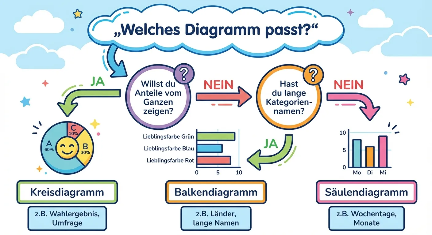 Erstelle eine visuelle Entscheidungshilfe für die Diagramm-Wahl für 4. Klasse.

**Layout:** Flowchart-Stil von oben nach unten

**Start oben:** „Welches Diagramm passt?“

**Erste Frage (Kreis):** „Willst du Anteile vom Ganzen zeigen?“
- Pfeil nach links (JA) → Kreisdiagramm-Symbol mit Text: „Kreisdiagramm“
- Pfeil nach rechts (NEIN) → weiter zur nächsten Frage

**Zweite Frage (Kreis):** „Hast du lange Kategorienamen?“
- Pfeil nach links (JA) → Balkendiagramm-Symbol mit Text: „Balkendiagramm“
- Pfeil nach rechts (NEIN) → Säulendiagramm-Symbol mit Text: „Säulendiagramm“

**Beispiele unter jedem Diagrammtyp:**
- Kreisdiagramm: „z.B. Wahlergebnis, Umfrage“
- Balkendiagramm: „z.B. Länder, lange Namen“
- Säulendiagramm: „z.B. Wochentage, Monate“

**Gestaltung:**
- Klare Pfeile und Entscheidungspunkte
- Kleine Diagramm-Symbole als Illustrationen
- Bunte, freundliche Farben
- Kindgerechte Sprache
