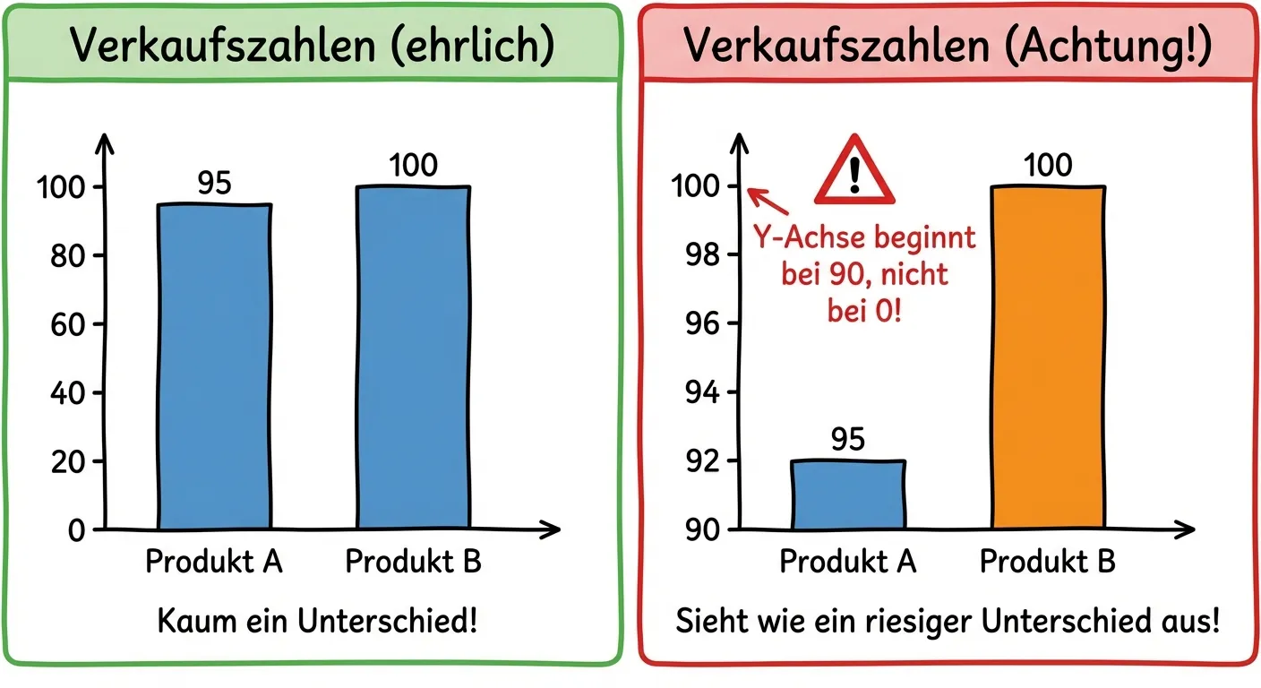 Erstelle zwei Säulendiagramme nebeneinander, die denselben Datensatz zeigen, aber unterschiedlich aussehen, für 4. Klasse.

**Daten:** Verkaufszahlen
- Produkt A: 95
- Produkt B: 100

**Linkes Diagramm - Ehrlich:**
- Titel: „Verkaufszahlen (ehrlich)“
- Y-Achse: 0, 20, 40, 60, 80, 100
- Zwei Säulen fast gleich hoch (95 vs 100)
- Text darunter: „Kaum ein Unterschied!“

**Rechtes Diagramm - Irreführend:**
- Titel: „Verkaufszahlen (Achtung!)“
- Y-Achse: 90, 92, 94, 96, 98, 100 (beginnt bei 90, nicht bei 0!)
- Säule B sieht VIEL größer aus als Säule A
- Rote Warnung/Pfeil: „Y-Achse beginnt bei 90, nicht bei 0!“
- Text darunter: „Sieht wie ein riesiger Unterschied aus!“

**Gestaltung:**
- Linkes Diagramm mit grünem Rahmen (= gut)
- Rechtes Diagramm mit rotem Rahmen (= Vorsicht)
- Warnzeichen beim rechten Diagramm
- Kindgerechter, lehrreicher Stil