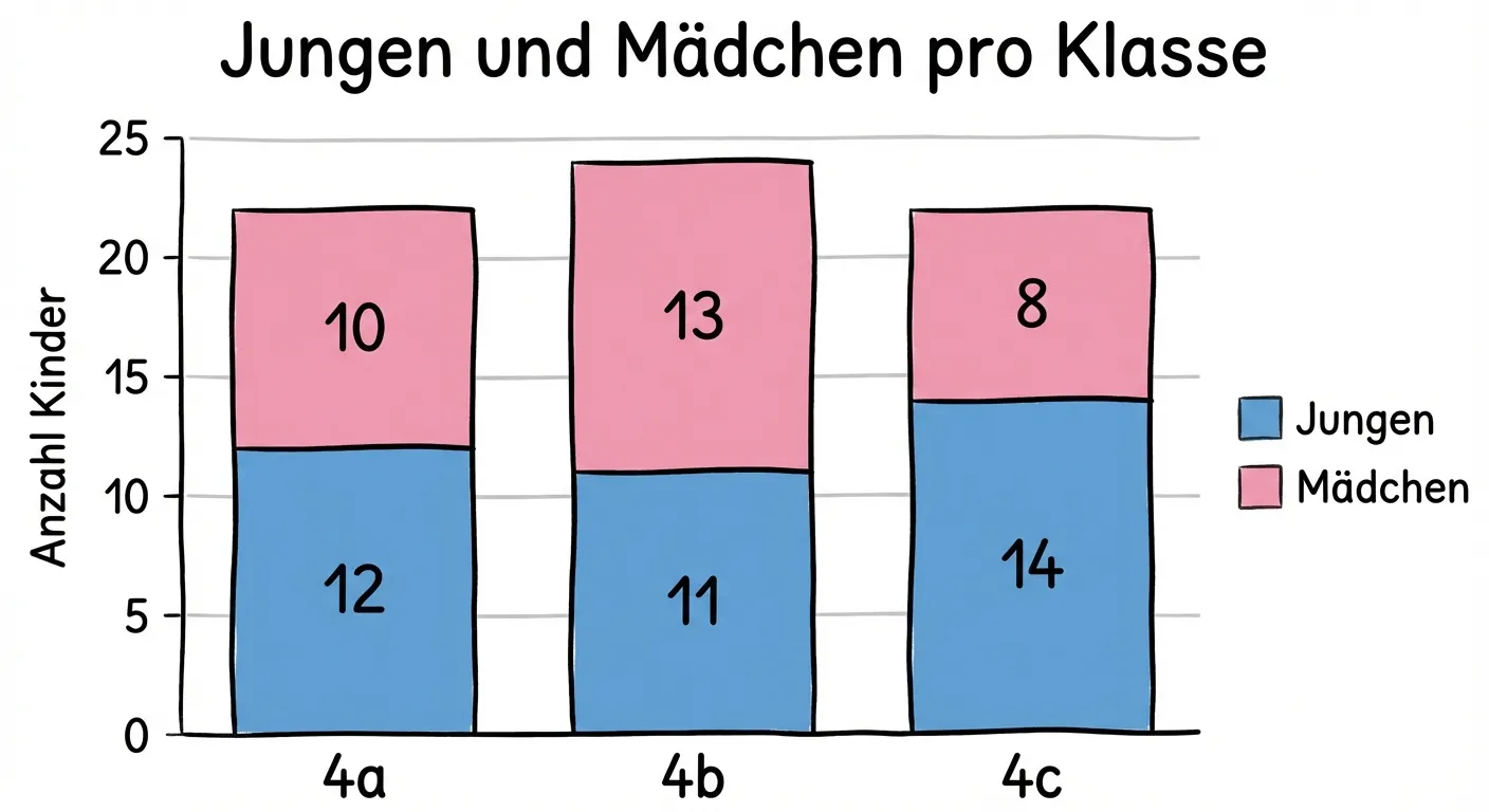 Erstelle ein gestapeltes Säulendiagramm für 4. Klasse.

**Daten:**
- Klasse 4a: 12 Jungen (blau), 10 Mädchen (rosa)
- Klasse 4b: 11 Jungen (blau), 13 Mädchen (rosa)
- Klasse 4c: 14 Jungen (blau), 8 Mädchen (rosa)

**Diagramm zeigt:**
- Titel: „Jungen und Mädchen pro Klasse“
- Y-Achse: 0, 5, 10, 15, 20, 25 (Anzahl Kinder)
- X-Achse: 4a, 4b, 4c
- Drei Säulen, jede in zwei Teile geteilt:
  - Unterer Teil: Blau (Jungen)
  - Oberer Teil: Rosa (Mädchen)
- Säule 4a: Gesamthöhe 22 (12+10)
- Säule 4b: Gesamthöhe 24 (11+13)
- Säule 4c: Gesamthöhe 22 (14+8)

**Legende:**
- Blaues Quadrat = Jungen
- Rosa Quadrat = Mädchen

**Gestaltung:**
- Klare Trennung zwischen blau und rosa innerhalb jeder Säule
- Zahlen in den Säulenteilen (12, 10, 11, 13, 14, 8)
- Kindgerechter, übersichtlicher Stil