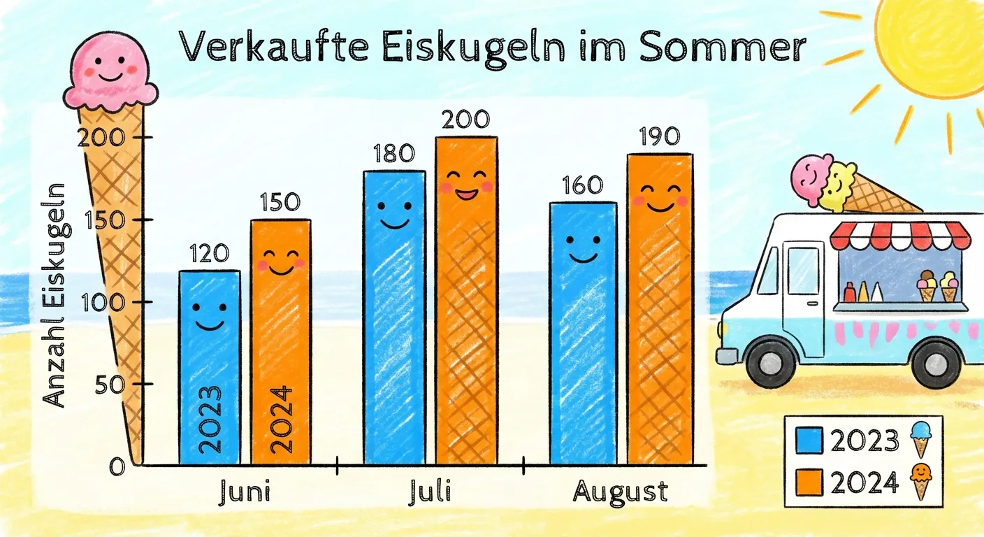 Erstelle ein gruppiertes Säulendiagramm für 4. Klasse.

**Daten:**
- Sommer 2023 (blau) und Sommer 2024 (orange):
  - Juni: 2023 = 120, 2024 = 150
  - Juli: 2023 = 180, 2024 = 200
  - August: 2023 = 160, 2024 = 190

**Diagramm zeigt:**
- Titel: „Verkaufte Eiskugeln im Sommer“
- Y-Achse: 0, 50, 100, 150, 200 (Anzahl Eiskugeln)
- X-Achse: Juni, Juli, August
- Drei Gruppen mit je 2 Säulen nebeneinander:
  - Juni: Blaue Säule (120) links, orange Säule (150) rechts
  - Juli: Blaue Säule (180) links, orange Säule (200) rechts
  - August: Blaue Säule (160) links, orange Säule (190) rechts

**Legende:**
- Blaues Quadrat = 2023
- Oranges Quadrat = 2024

**Gestaltung:**
- Säulen einer Gruppe dicht nebeneinander
- Gruppen mit Abstand voneinander
- Kindgerechter, farbenfroher Stil