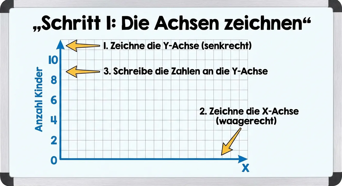 Erstelle Schritt 1 beim Erstellen eines Säulendiagramms für 4. Klasse.

**Bild zeigt:**
- Leeres Koordinatensystem mit:
  - Y-Achse (senkrecht) links, beschriftet mit 0, 2, 4, 6, 8, 10
  - X-Achse (waagerecht) unten
  - Beschriftung Y-Achse: „Anzahl Kinder“
  - Noch keine Säulen

**Nummerierte Anleitung mit Pfeilen:**
1. Pfeil zur Y-Achse: „Zeichne die Y-Achse (senkrecht)“
2. Pfeil zur X-Achse: „Zeichne die X-Achse (waagerecht)“
3. Pfeil zu den Zahlen: „Schreibe die Zahlen an die Y-Achse“

**Titel oben:** „Schritt 1: Die Achsen zeichnen“

**Gestaltung:**
- Klares, sauberes Diagramm-Gitter
- Blaue Linien für die Achsen
- Schwarze Zahlen
- Kindgerechter, übersichtlicher Stil