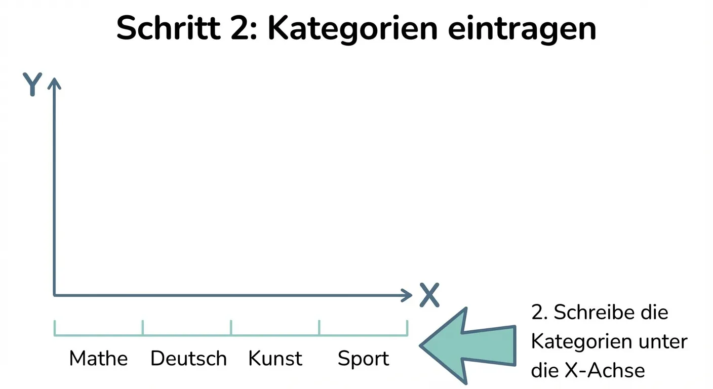 Erstelle Schritt 2 beim Erstellen eines Säulendiagramms für 4. Klasse.

**Bild zeigt:**
- Koordinatensystem wie zuvor
- Unter der X-Achse stehen jetzt die Kategorien: „Mathe“, „Deutsch“, „Kunst“, „Sport“
- Gleichmäßige Abstände zwischen den Kategorien
- Noch keine Säulen gezeichnet

**Nummerierter Hinweis:**
- Pfeil zu den Kategorien: „Schreibe die Kategorien unter die X-Achse“

**Titel oben:** „Schritt 2: Kategorien eintragen“

**Gestaltung:**
- Klares, sauberes Diagramm
- Gleiche Abstände zwischen den Kategorien markiert
- Kindgerechter Stil